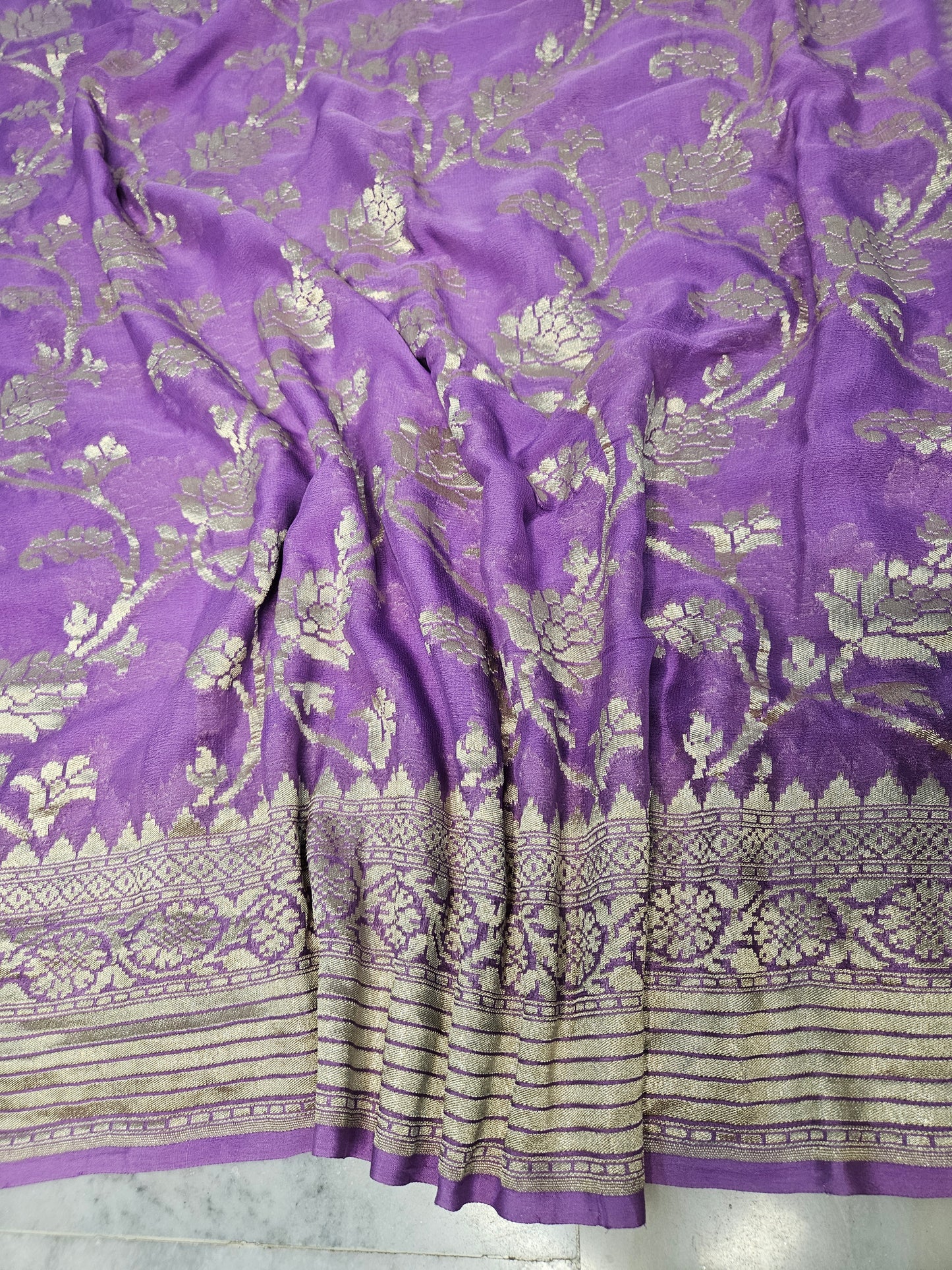 pure georgette silk woven tested zari banarasi saree in Lavender