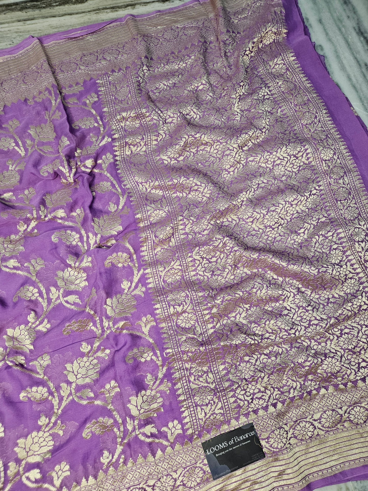 pure georgette silk woven tested zari banarasi saree in Lavender