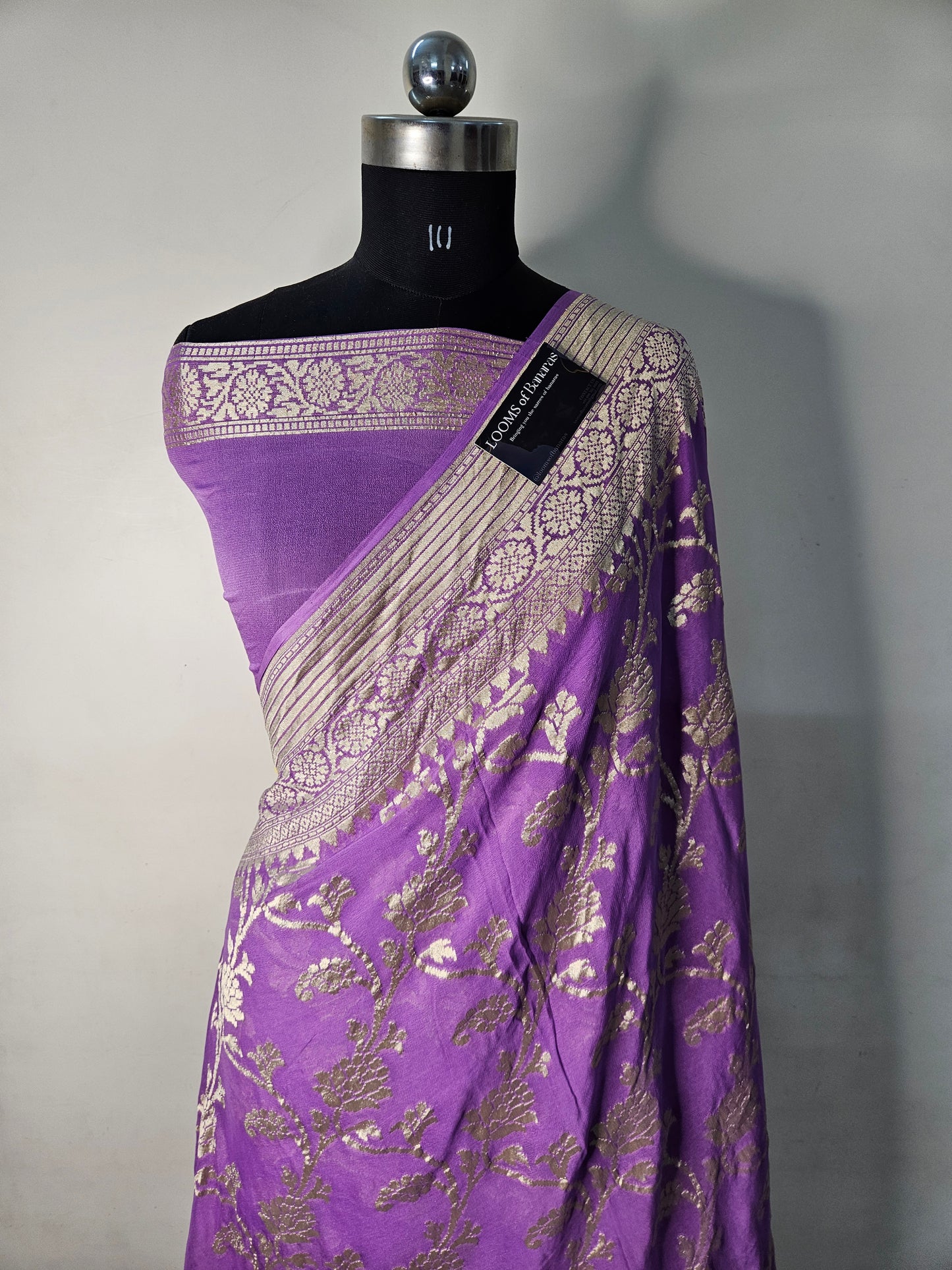 pure georgette silk woven tested zari banarasi saree in Lavender