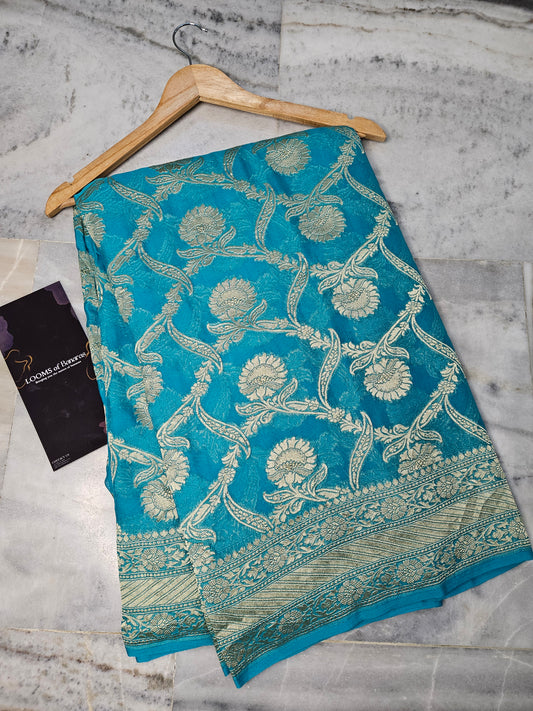 pure georgette silk woven tested zari banarasi saree in Sky blue