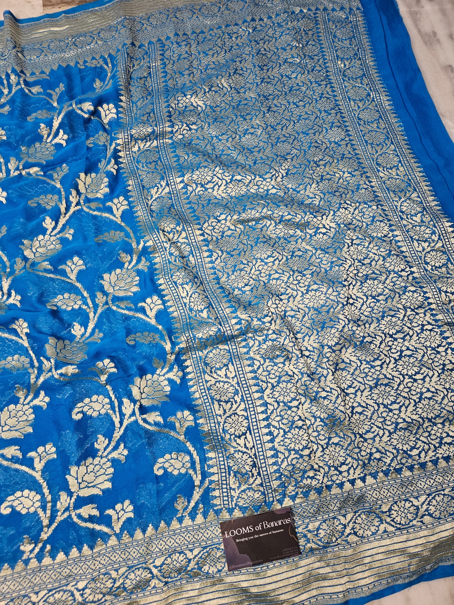 pure georgette silk woven tested zari banarasi saree in Deep sky blue