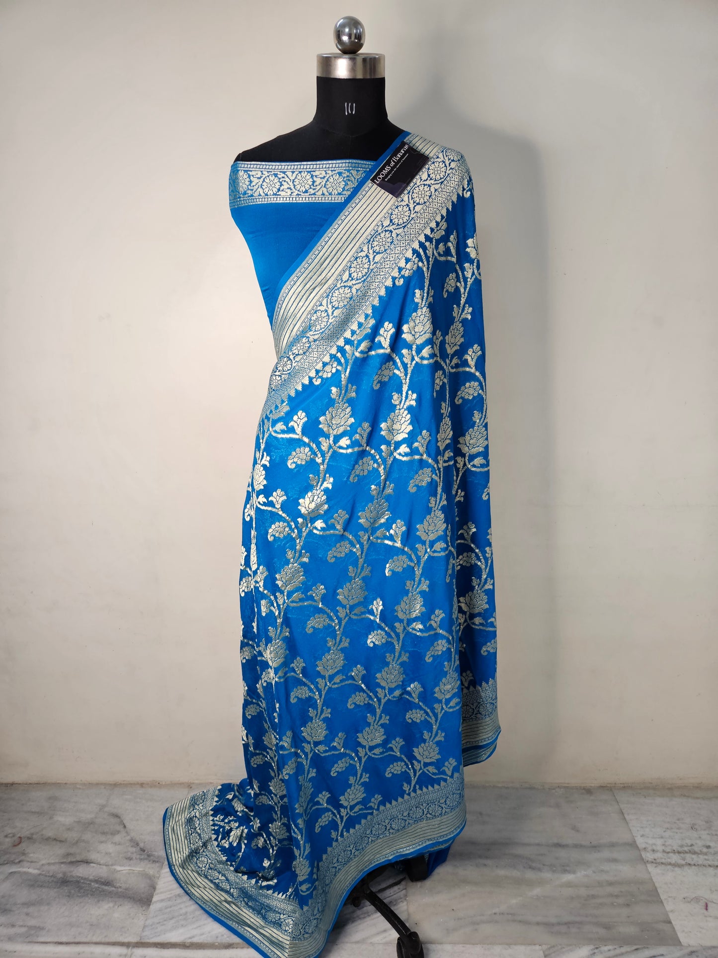 pure georgette silk woven tested zari banarasi saree in Deep sky blue