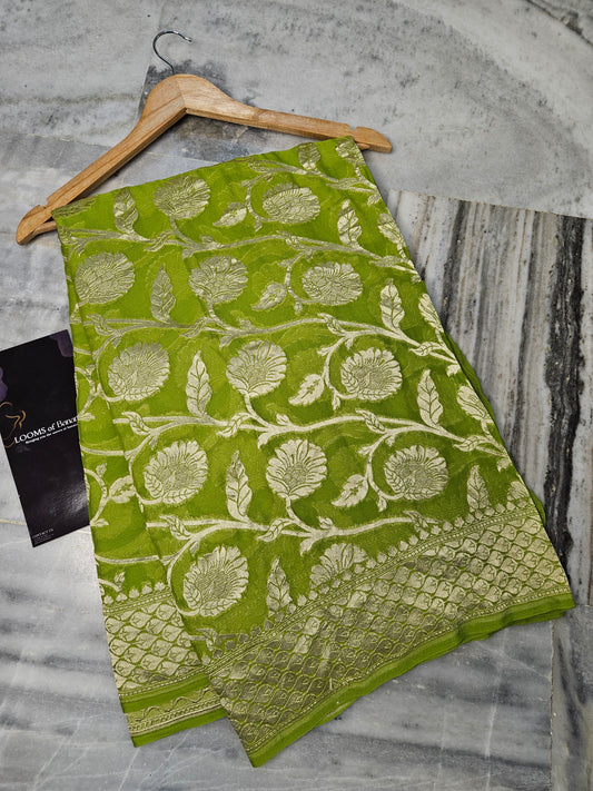 pure georgette silk woven tested zari banarasi saree in Mehendi green