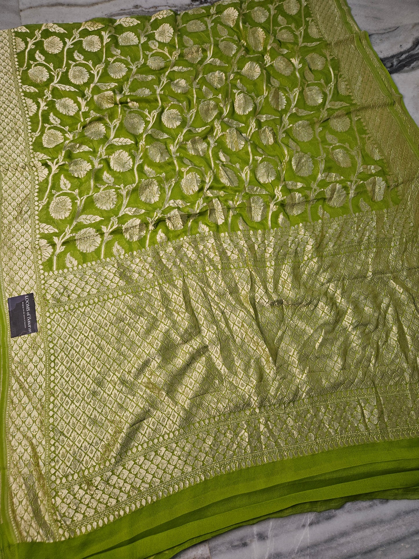 pure georgette silk woven tested zari banarasi saree in Mehendi green