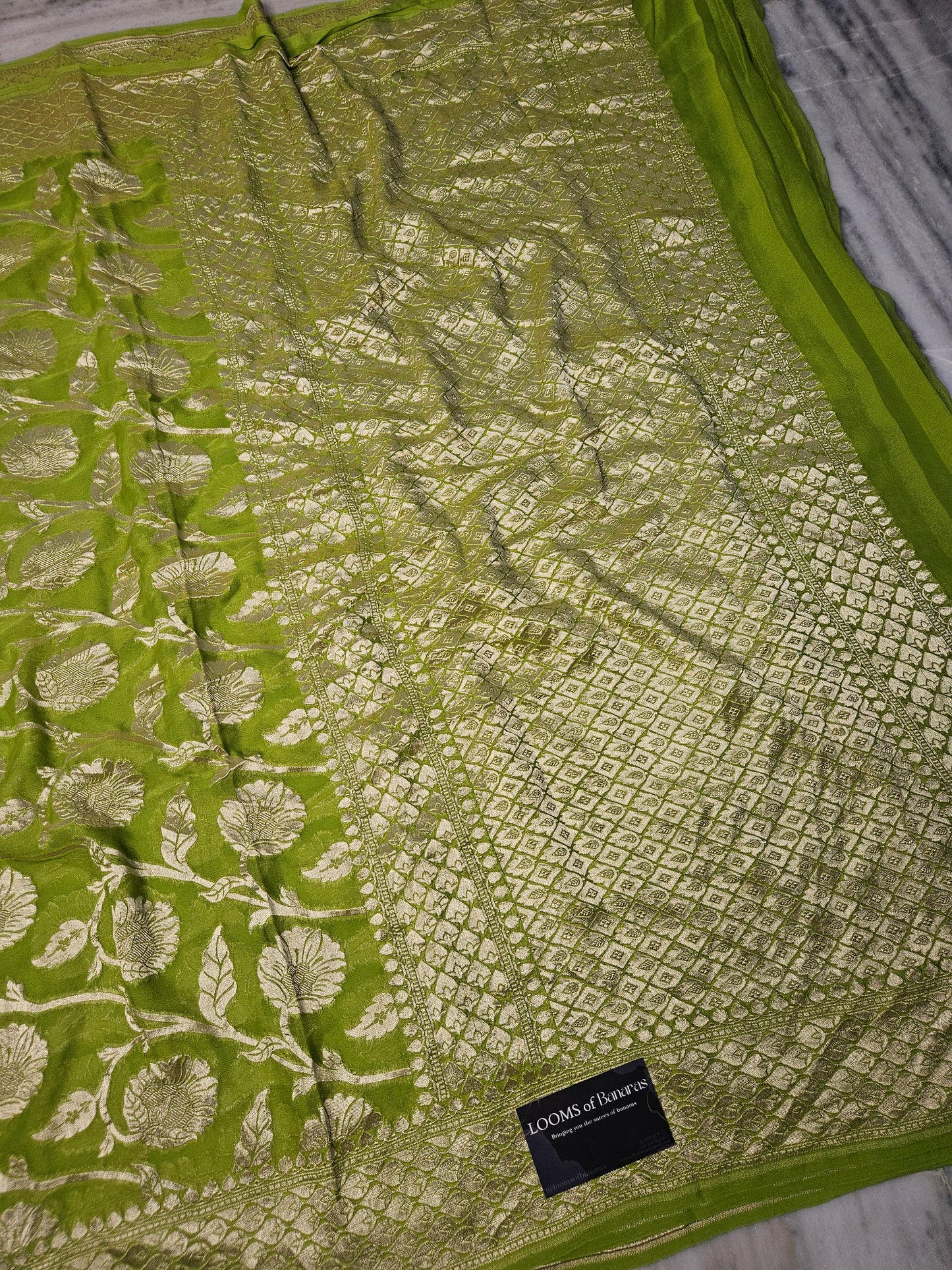 pure georgette silk woven tested zari banarasi saree in Mehendi green