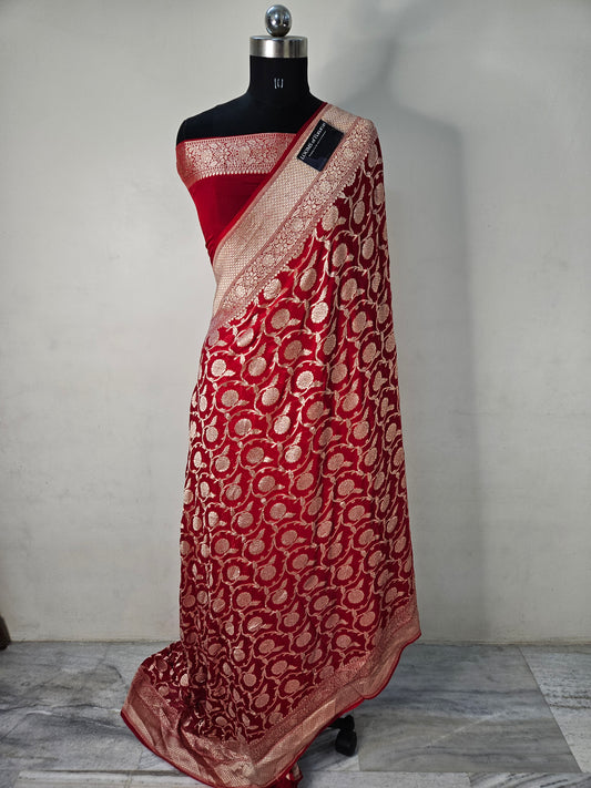 pure georgette silk woven tested zari banarasi saree in Premium red