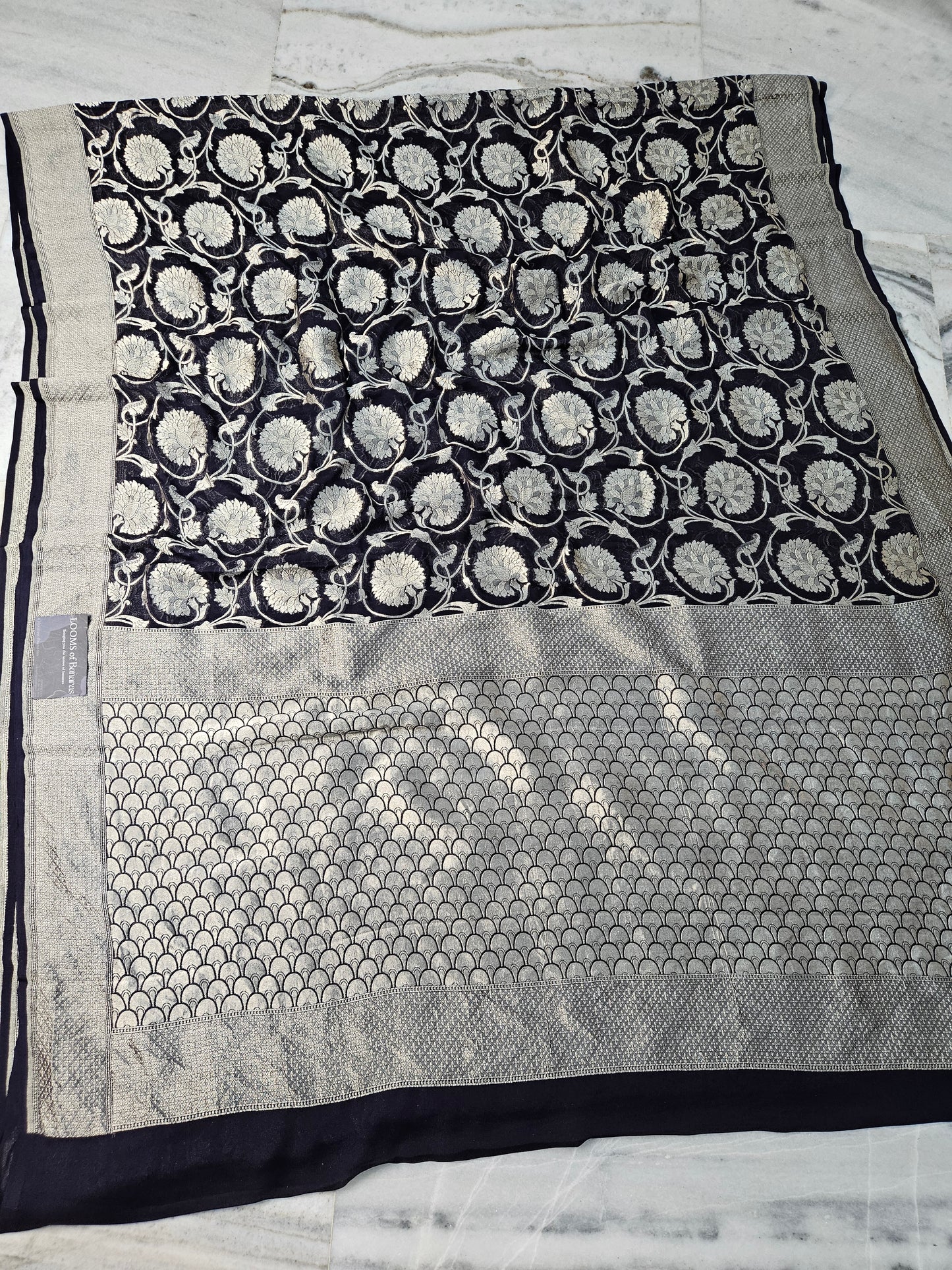 pure georgette silk woven tested zari banarasi saree in Jet black