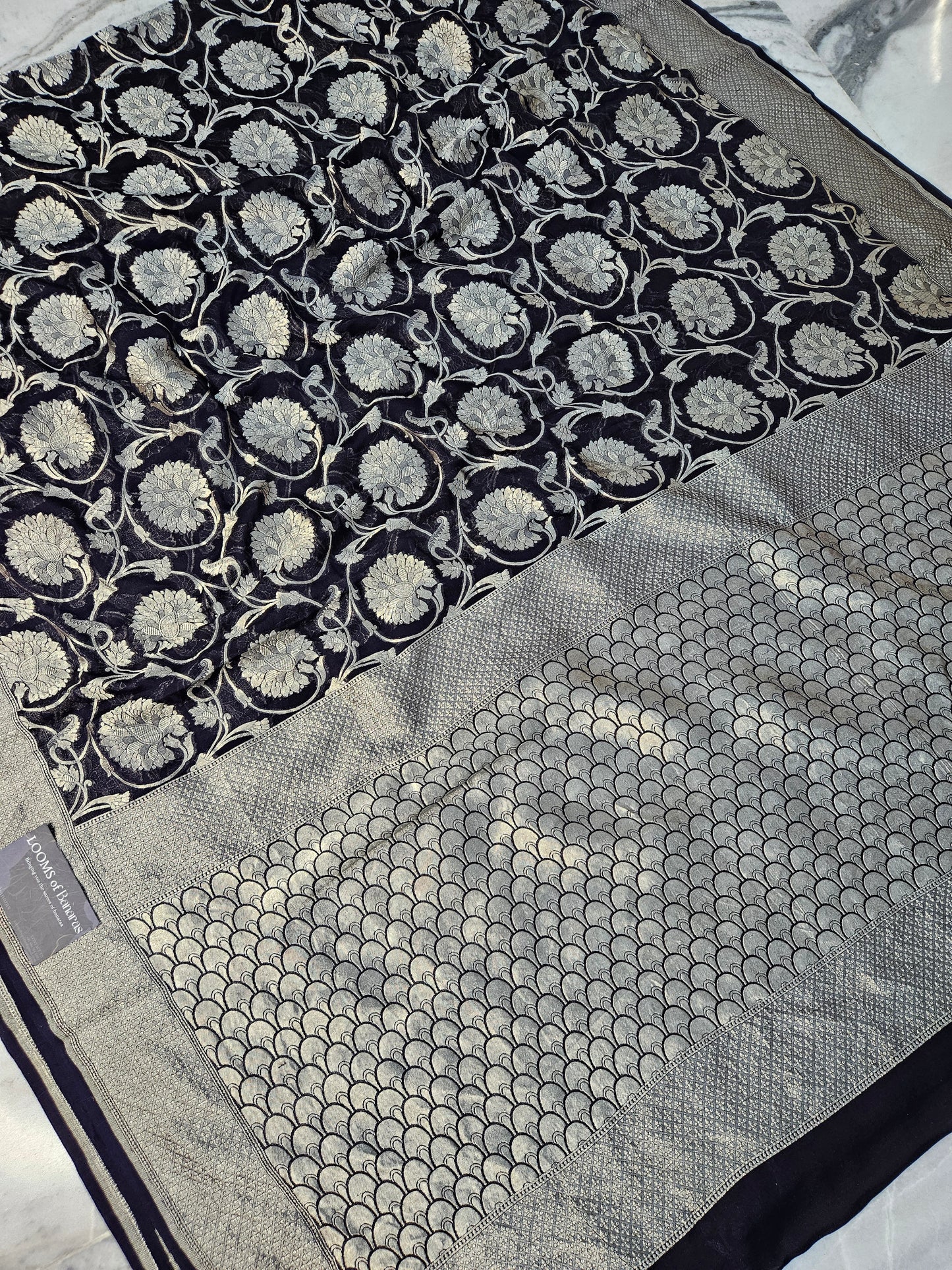 pure georgette silk woven tested zari banarasi saree in Jet black