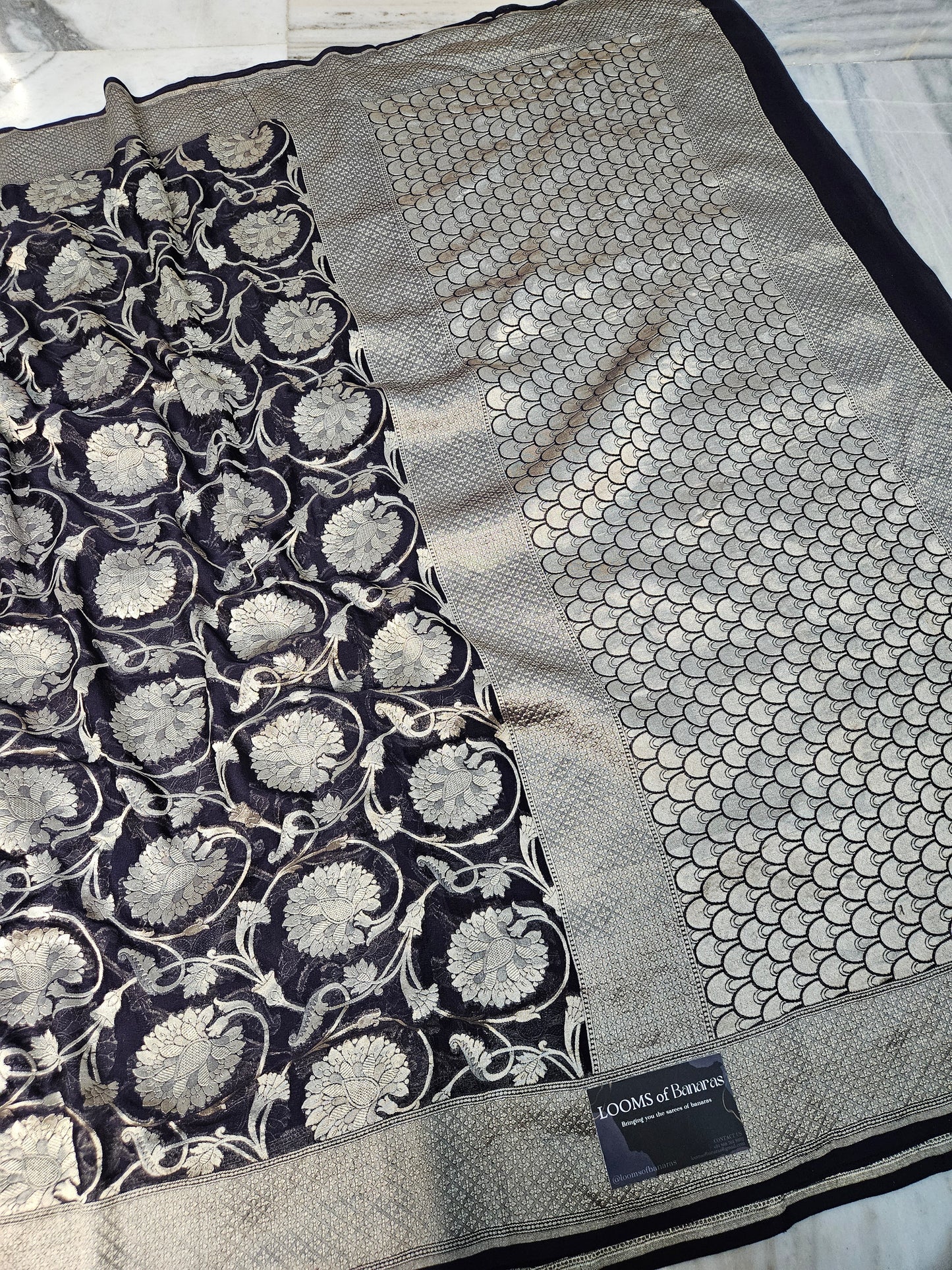 pure georgette silk woven tested zari banarasi saree in Jet black