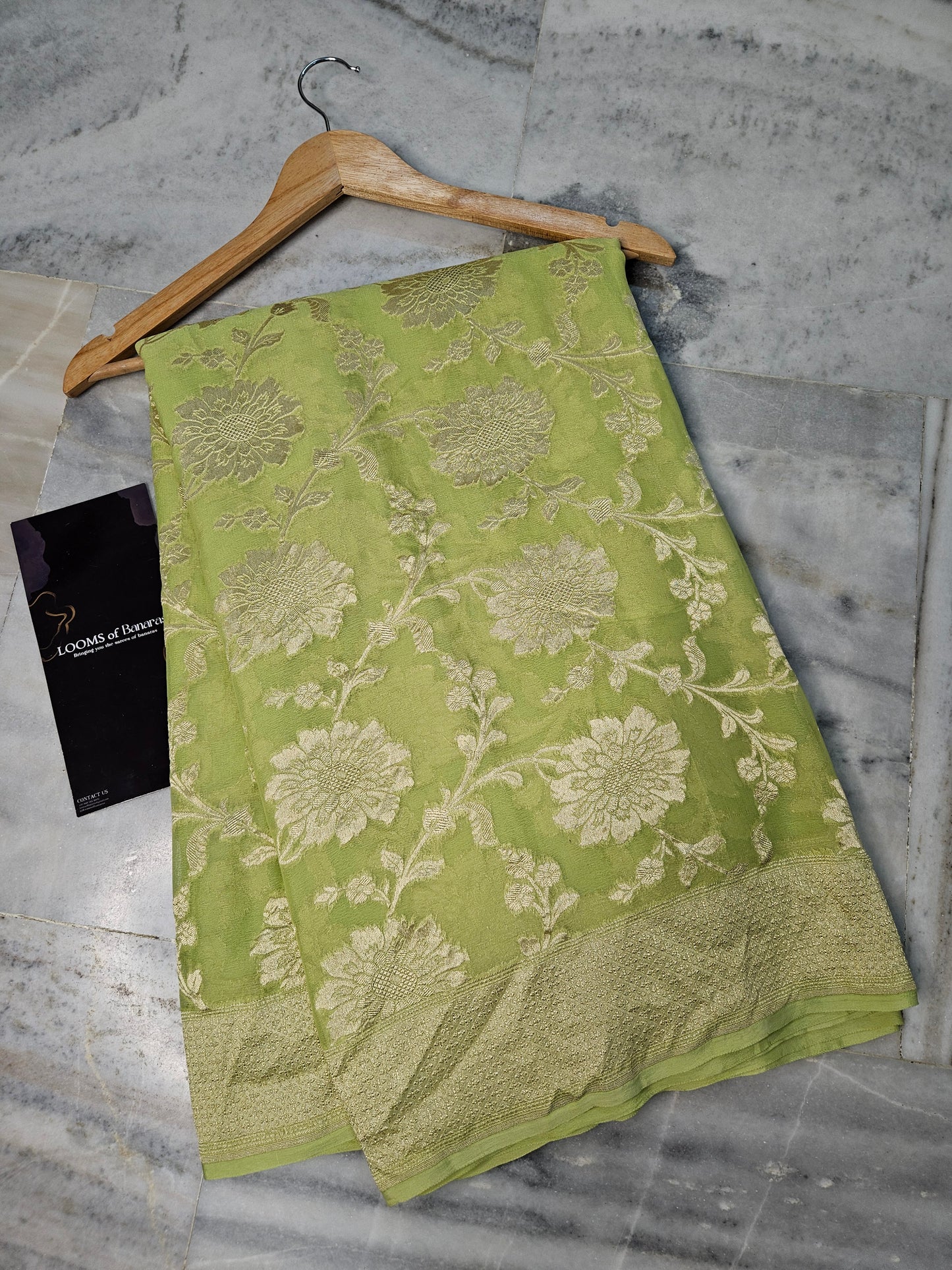 pure georgette silk woven tested zari banarasi saree in Pista 