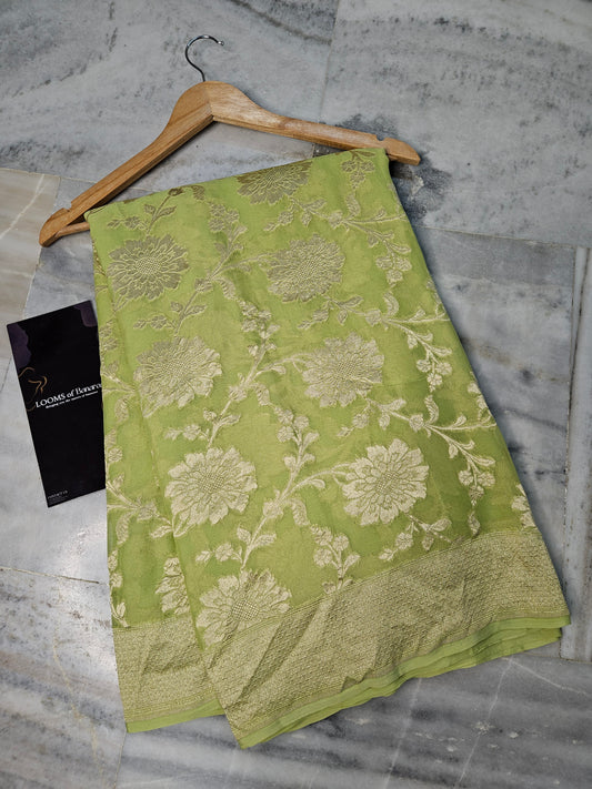 pure georgette silk woven tested zari banarasi saree in Pista 