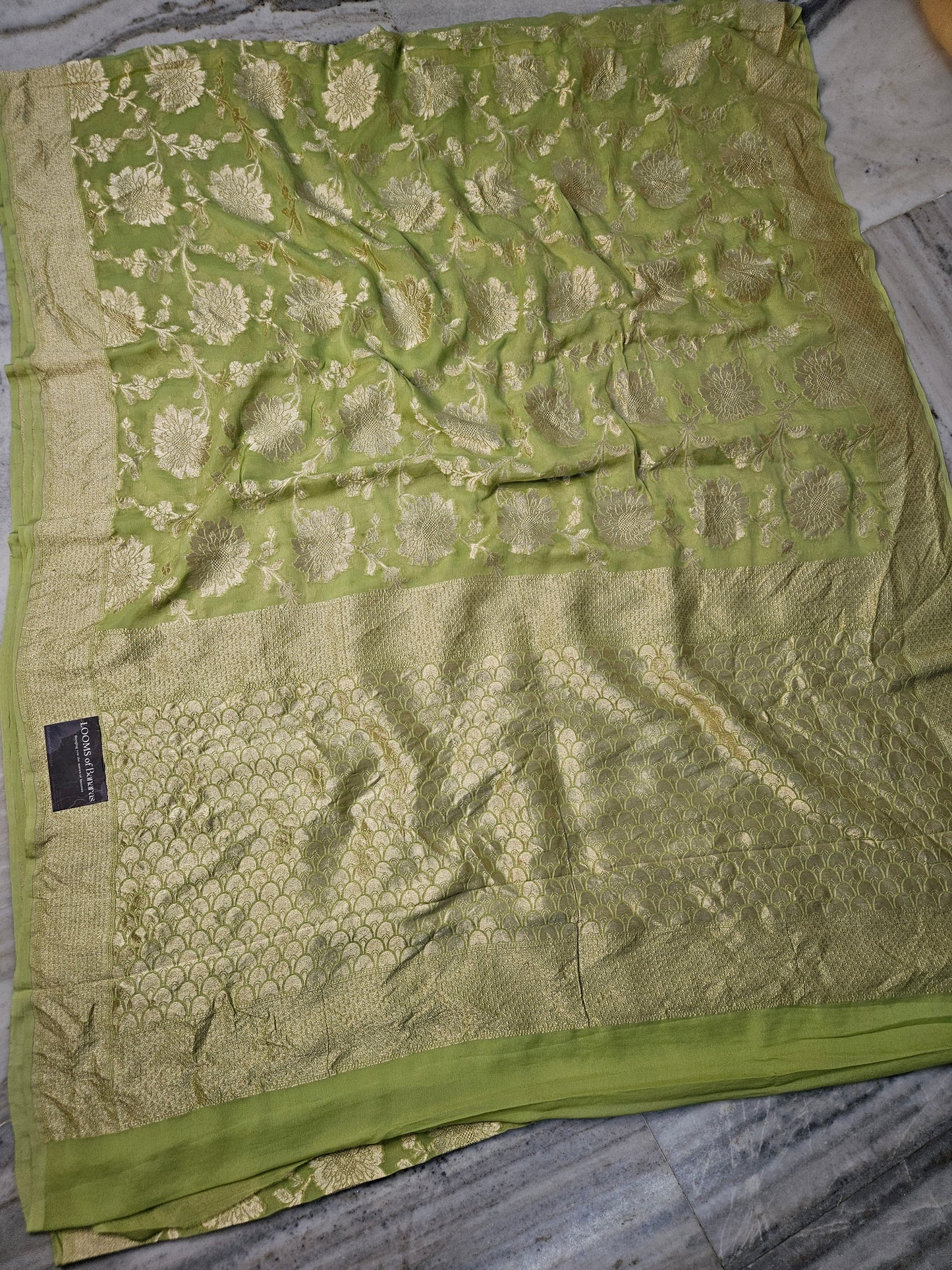 pure georgette silk woven tested zari banarasi saree in Pista 