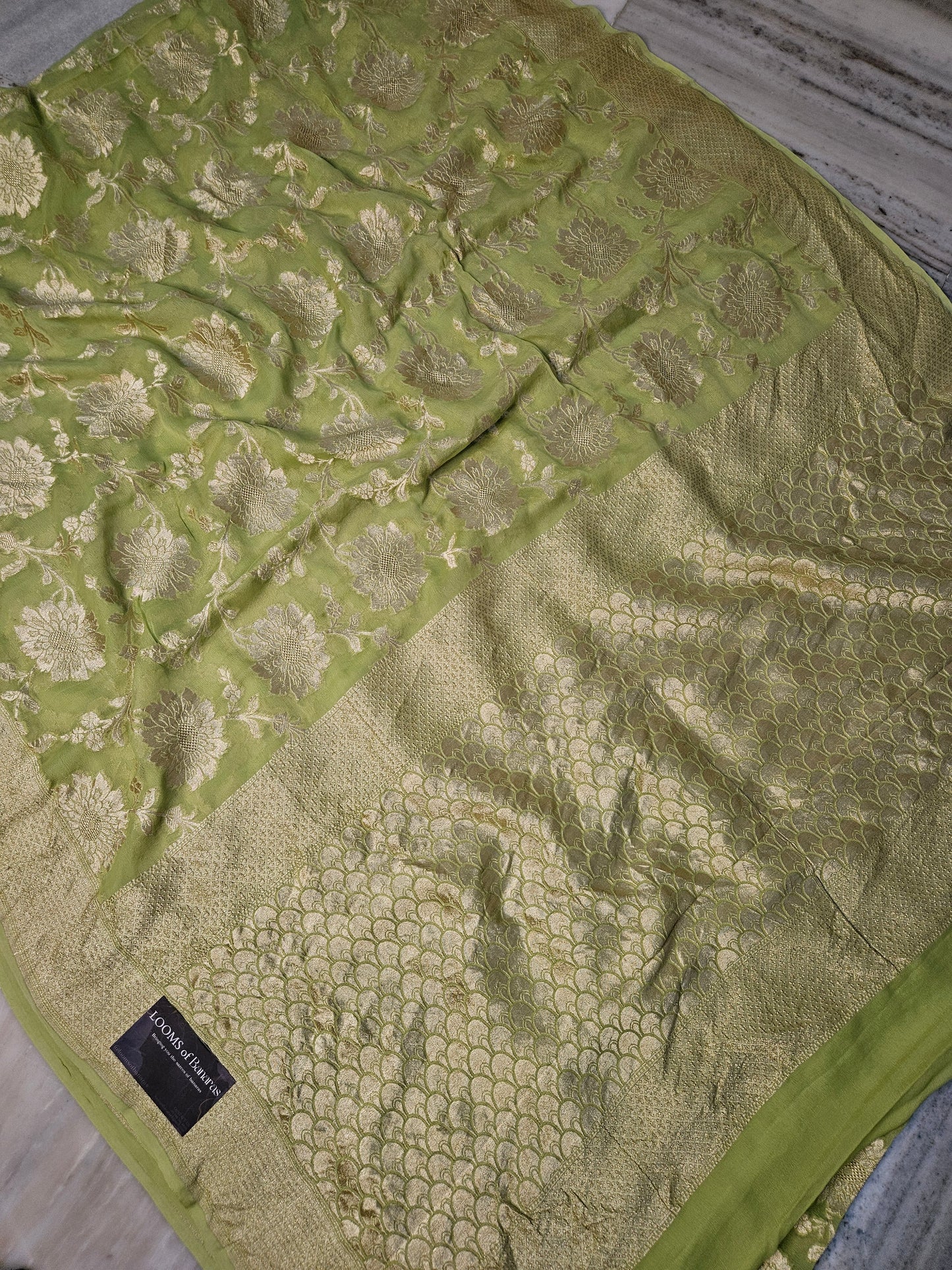 pure georgette silk woven tested zari banarasi saree in Pista 