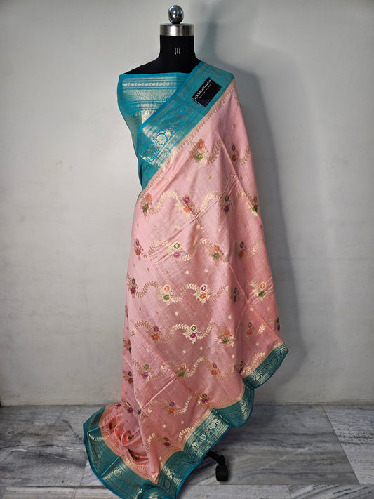 Pure Chiniya Silk Banarasi Jungla Work Saree in Baby Pink