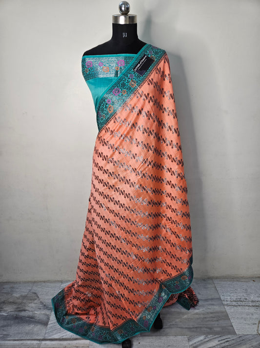 Pure Chiniya Silk Jaal Weaving Banarasi Saree in Powdered Orange