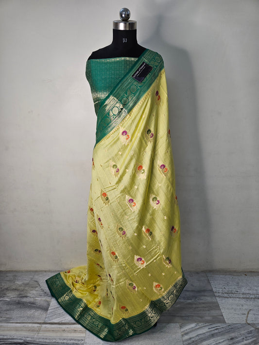 Pure Chiniya Silk Buta Weaving Banarasi Saree in lime