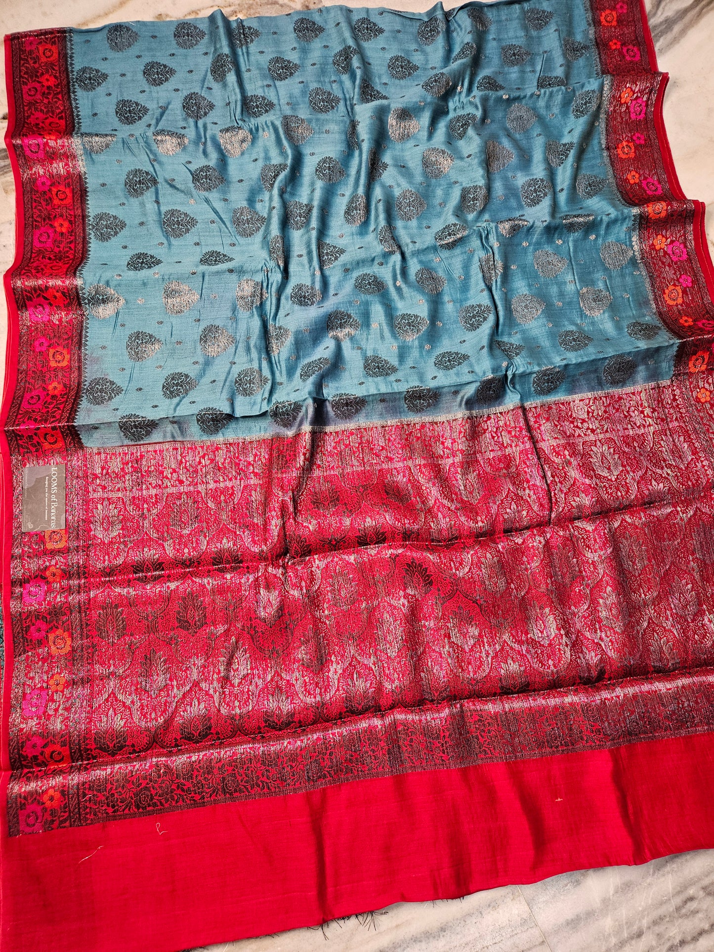 Pure Chiniya Silk Contrast Banarasi Saree in Dusty Blue