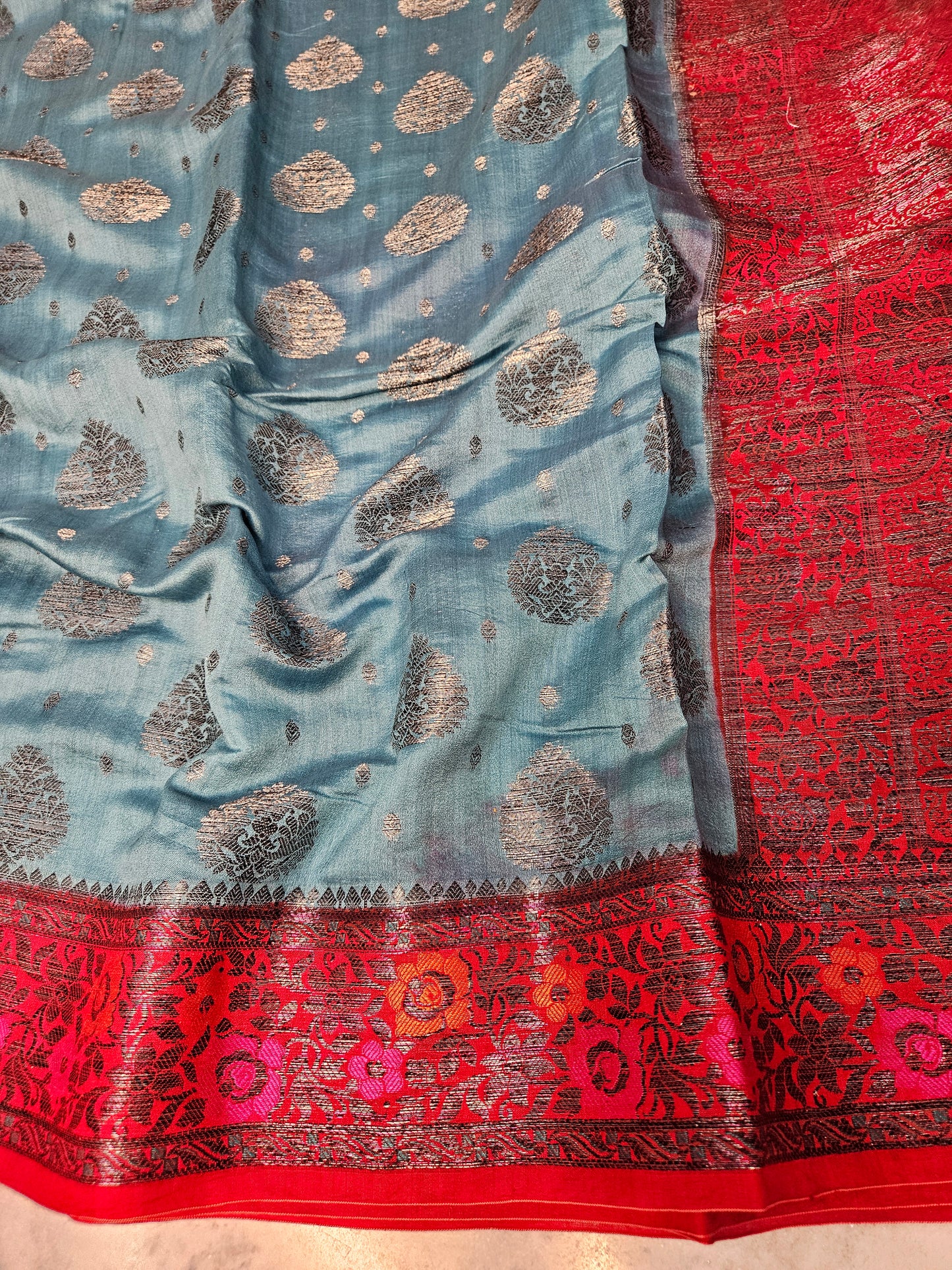 Pure Chiniya Silk Contrast Banarasi Saree in Dusty Blue