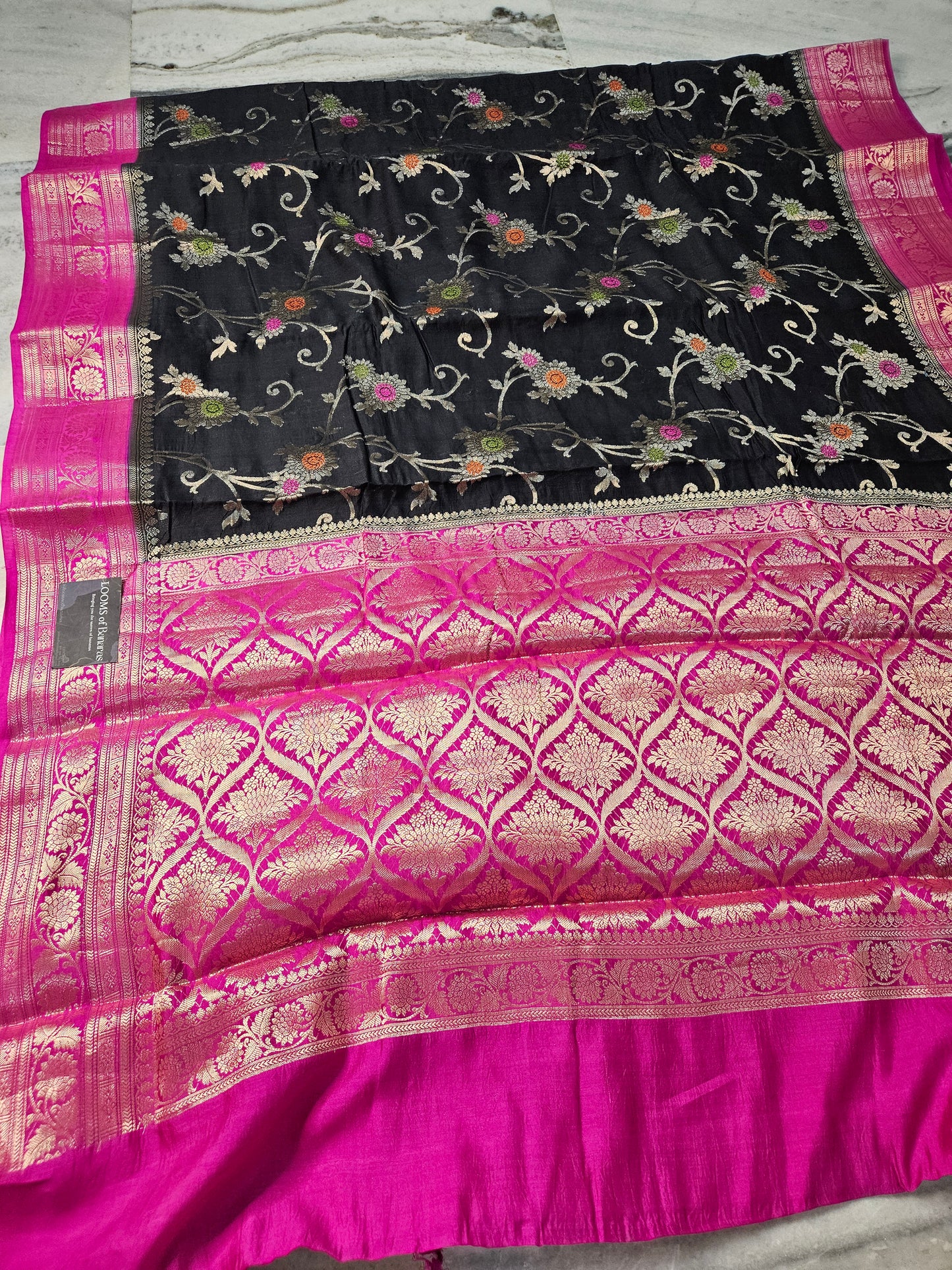 Pure Chiniya Silk Banarasi Alfi Meena Contrast Saree in Black