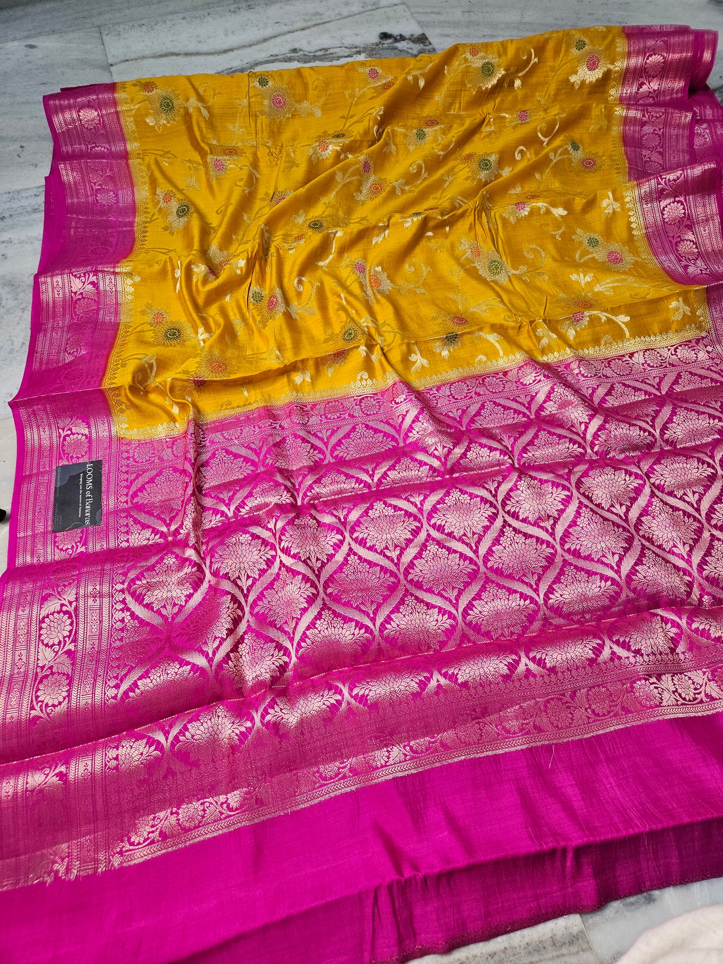 Pure Chiniya Silk Banarasi Alfi Meena Contrast Saree in Mustard Yellow