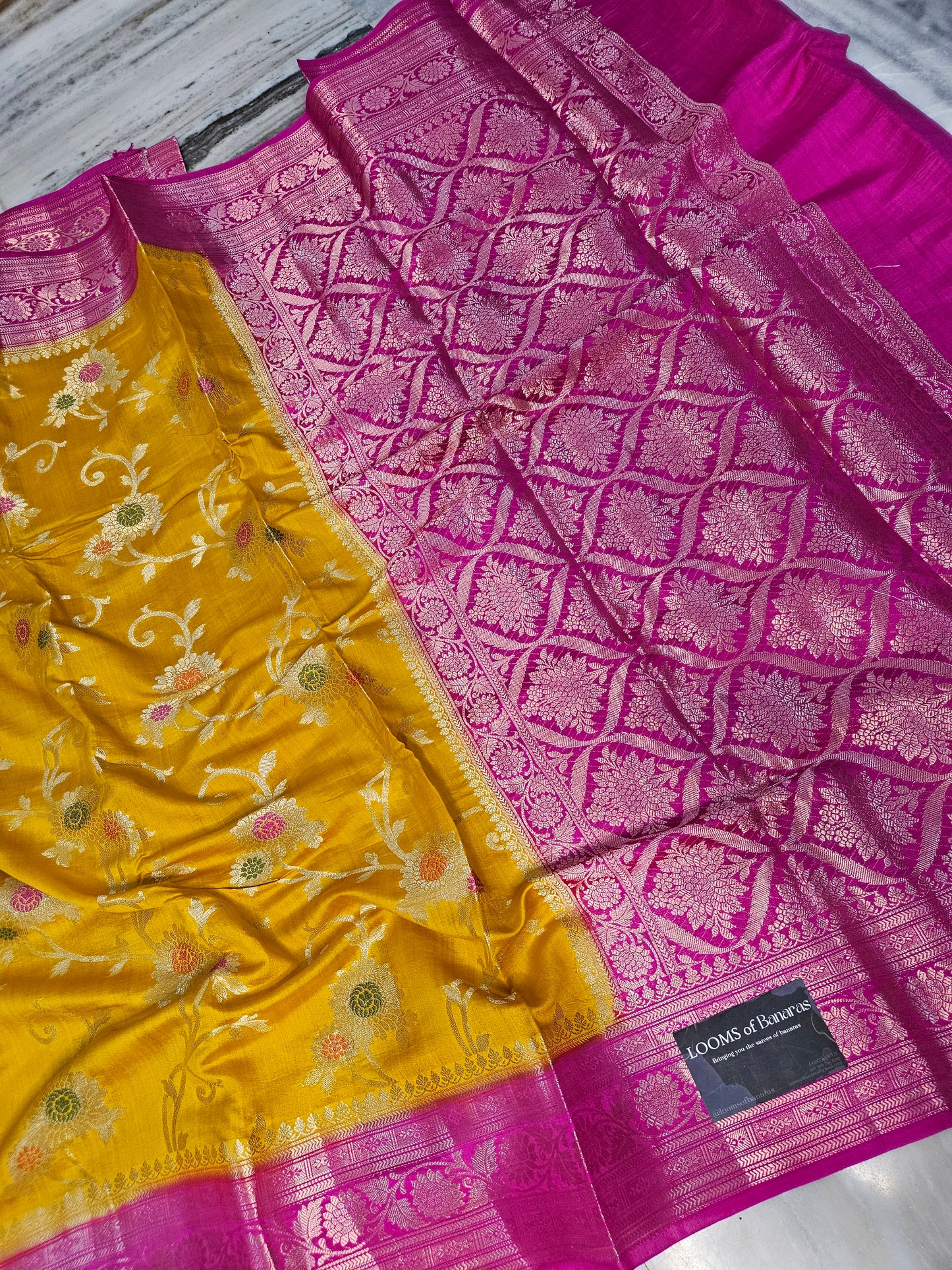 Pure Chiniya Silk Banarasi Alfi Meena Contrast Saree in Mustard Yellow