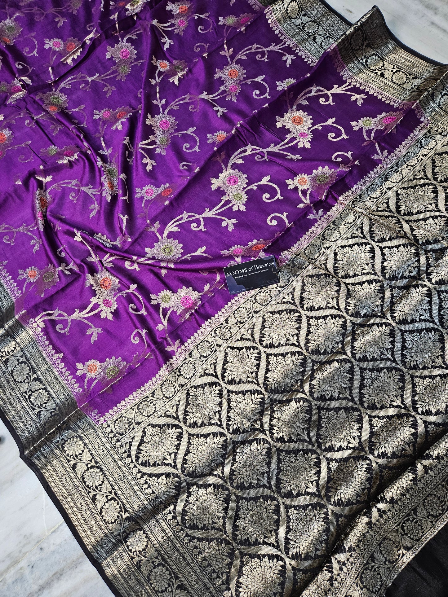 Pure Chiniya Silk Banarasi Alfi Meena Contrast Saree in Purple