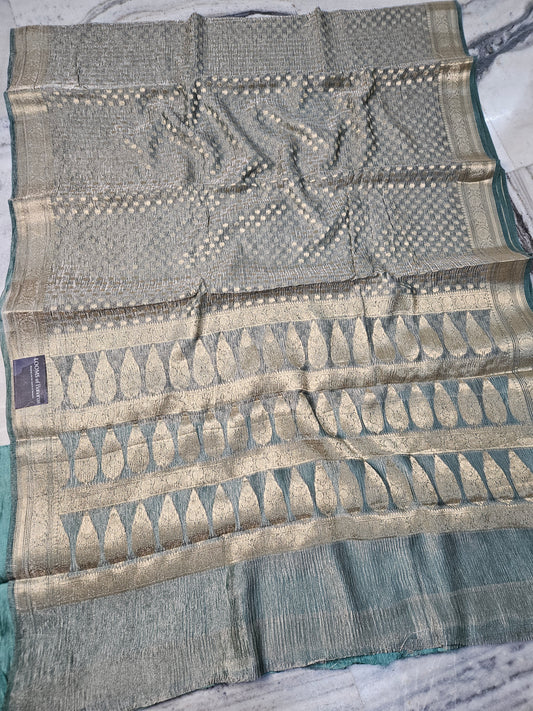 Pure Tissue Kora Banarasi Buti Saree With Silk Blouse in Dusty Seagreen