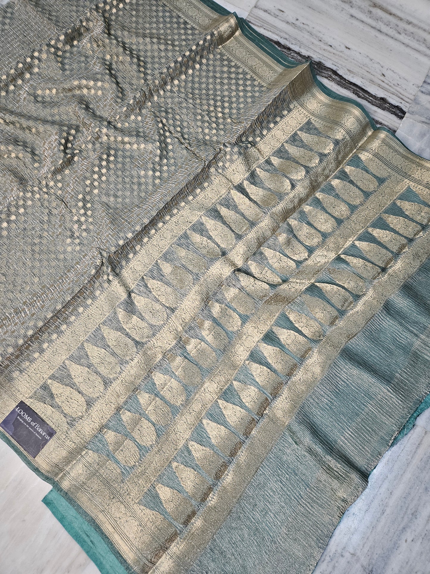 Pure Tissue Kora Banarasi Buti Saree With Silk Blouse in Dusty Seagreen