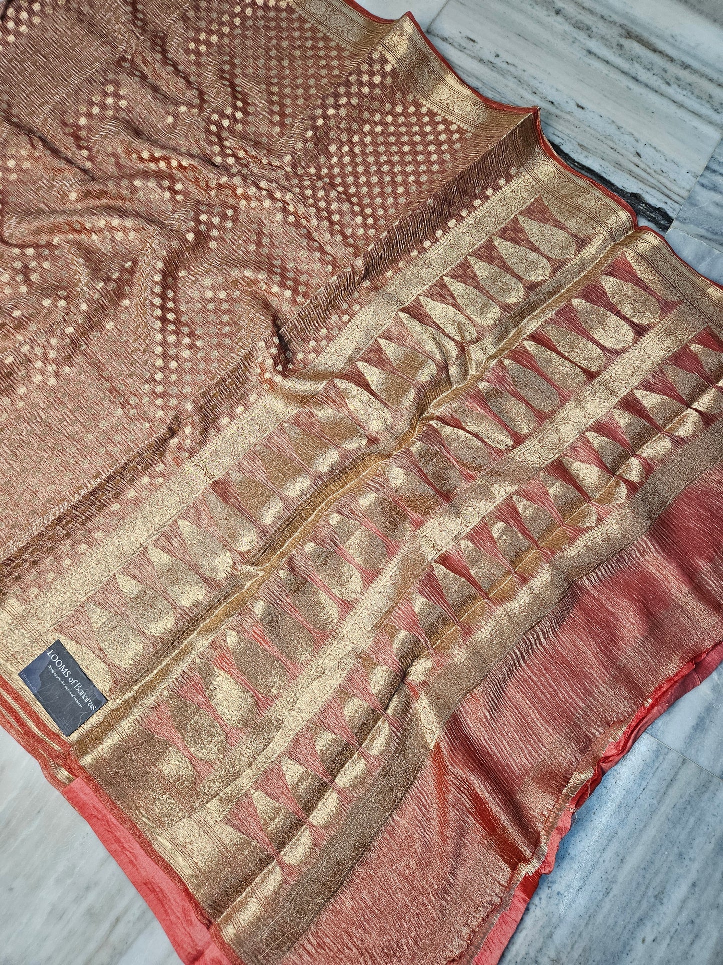 Pure Tissue Kora Banarasi Buti Saree With Silk Blouse in Dark Peach