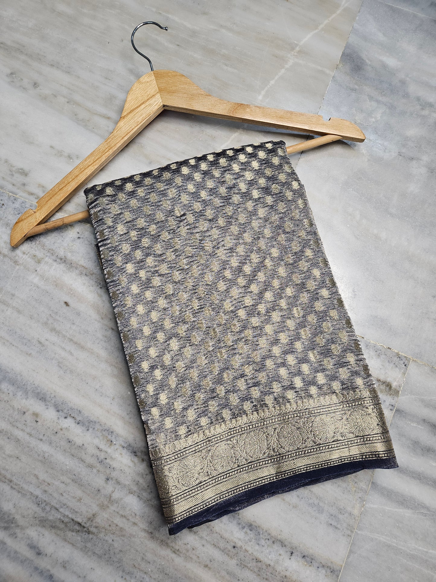 Pure Tissue Kora Banarasi Buti Saree With Silk Blouse in Dark Blue