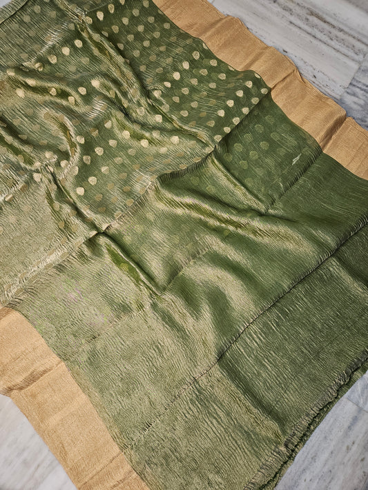 Pure Tissue Kora Weaving Banarasi Buti Saree in Green