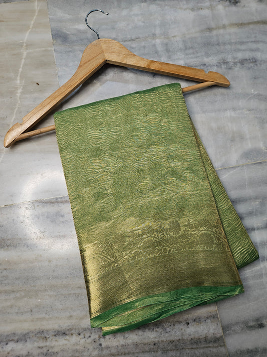 Pure Kora Tissue Crush aanchal border Banarasi Saree in Light Green