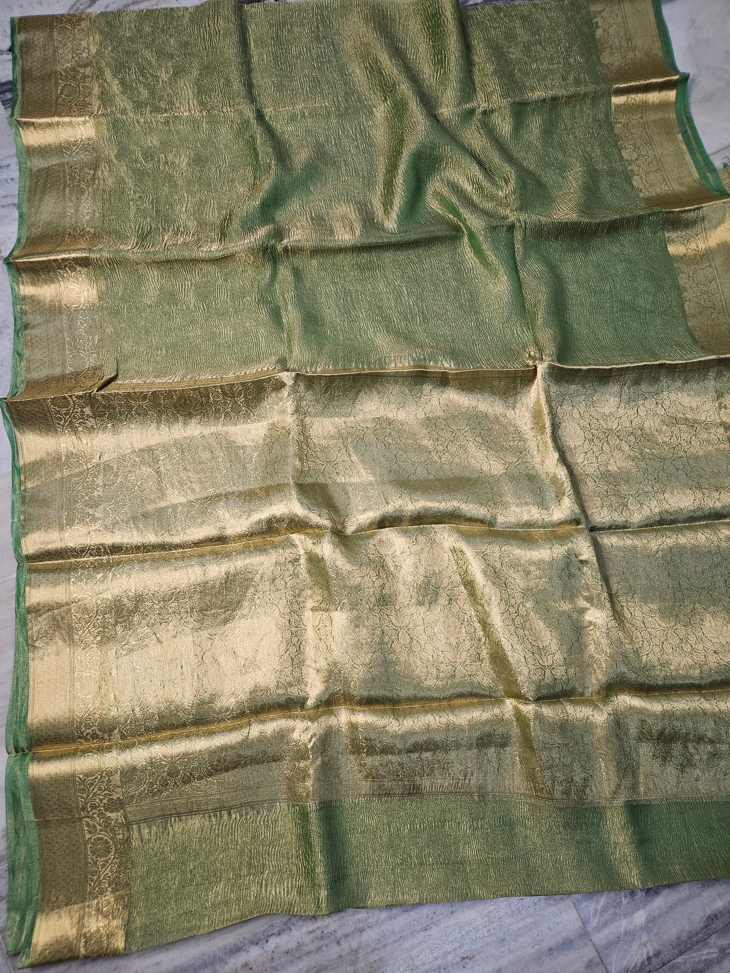 Pure Kora Tissue Crush aanchal border Banarasi Saree in Light Green