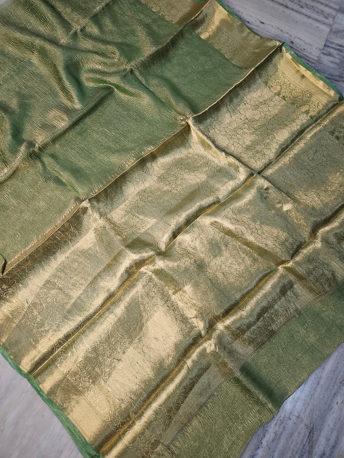 Pure Kora Tissue Crush aanchal border Banarasi Saree in Light Green