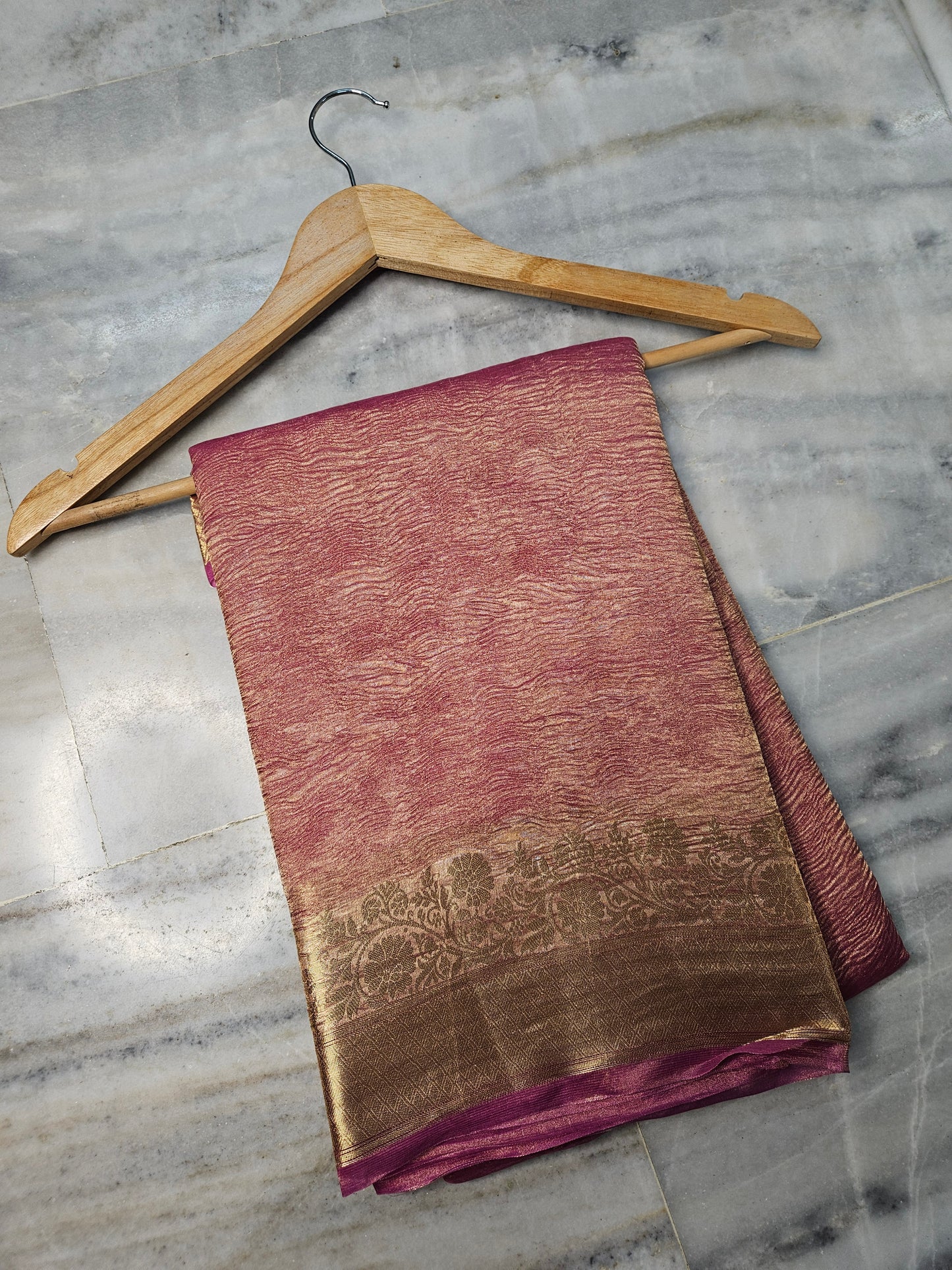 Pure Kora Tissue Crush aanchal border Banarasi Saree in Rose Pink