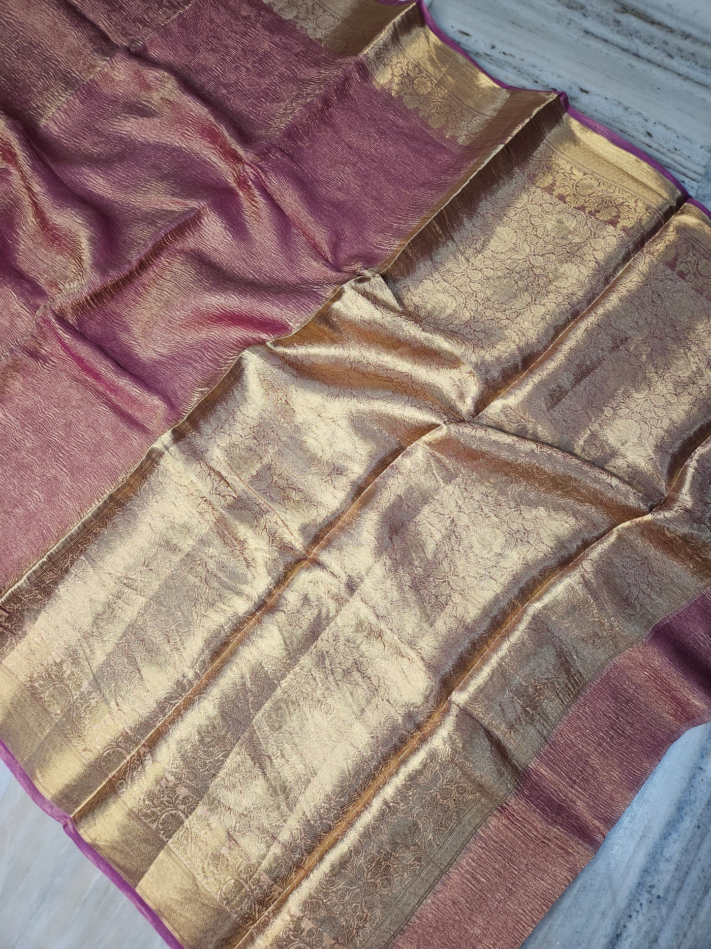 Pure Kora Tissue Crush aanchal border Banarasi Saree in Rose Pink