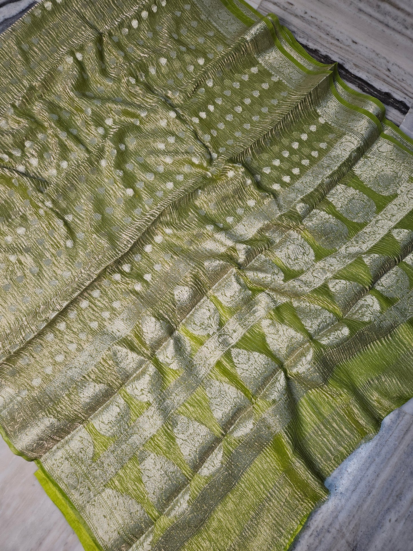 Pure Tissue Kora Banarasi Buti Saree With Silk Blouse in Just Green