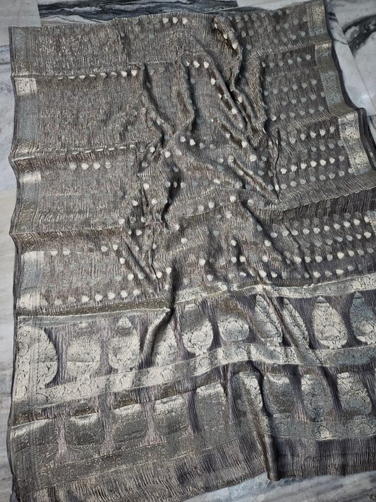 Pure Tissue Kora Banarasi Buti Saree With Silk Blouse in Grey