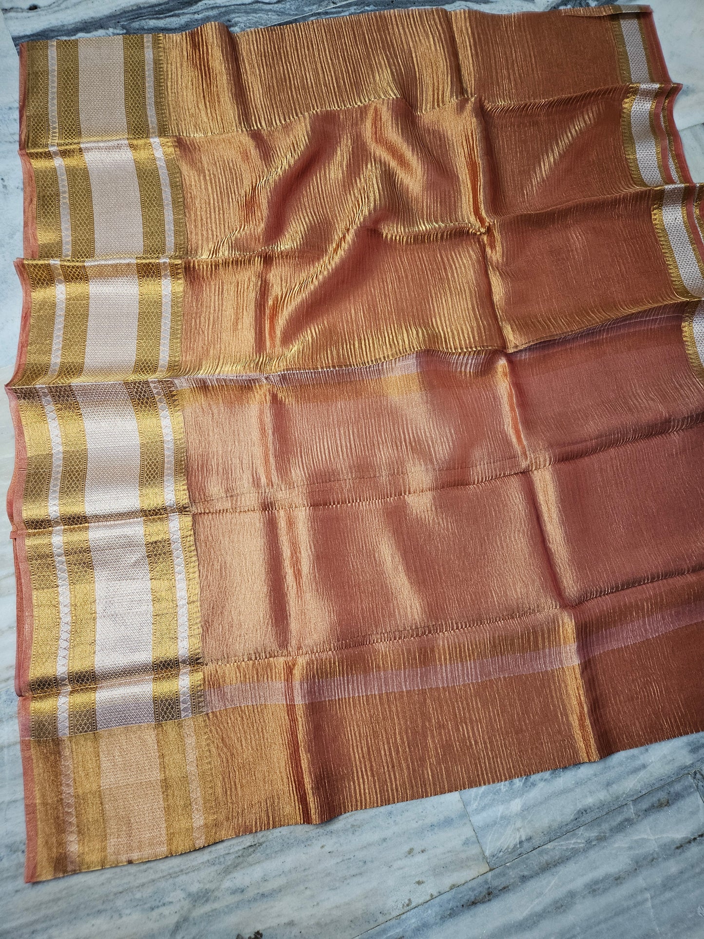 Pure Kora Tissue Crush Banarasi Saree in copper orange