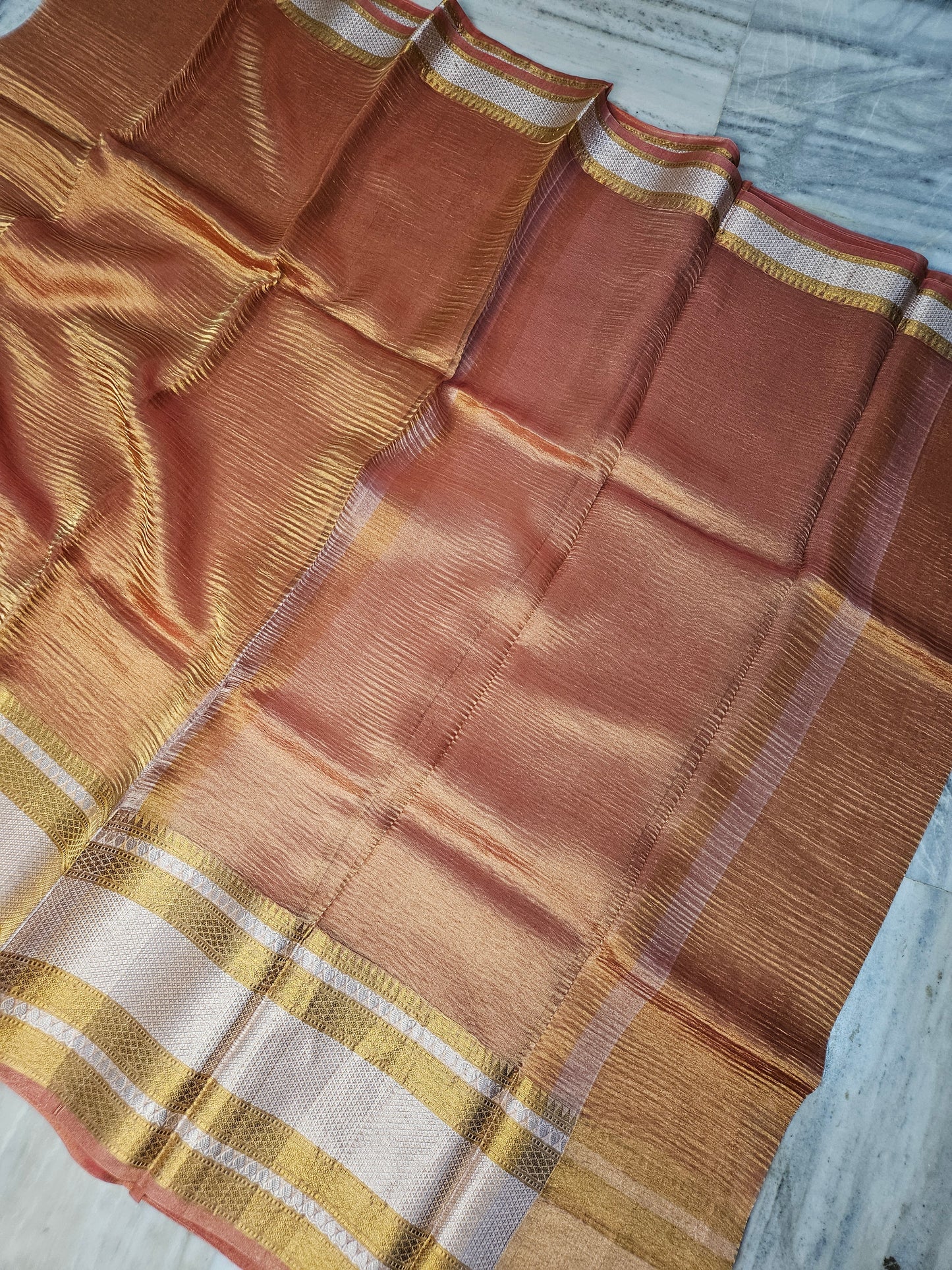 Pure Kora Tissue Crush Banarasi Saree in copper orange