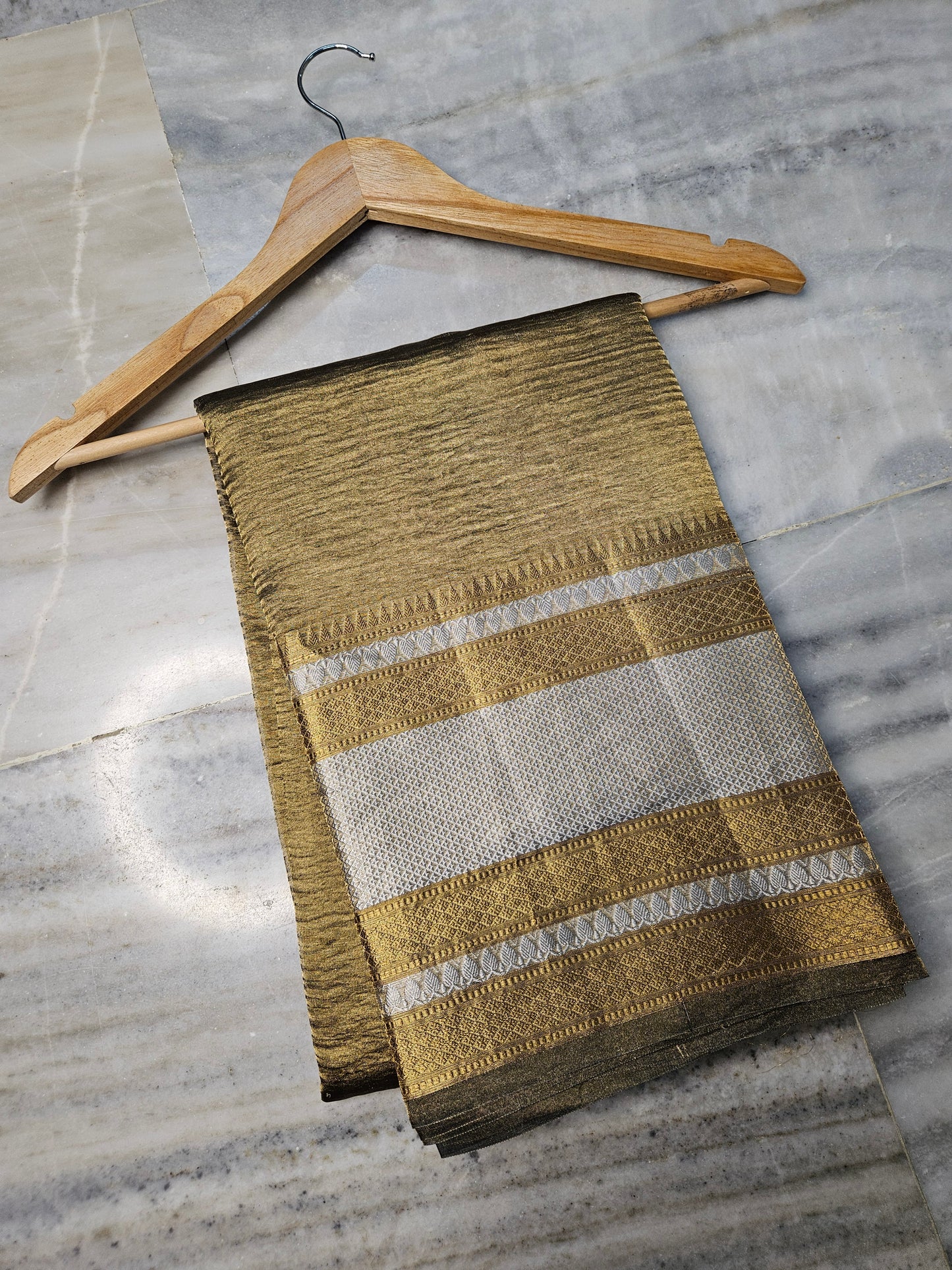 Pure Kora Tissue Crush Banarasi Saree in Dusty Mehendi