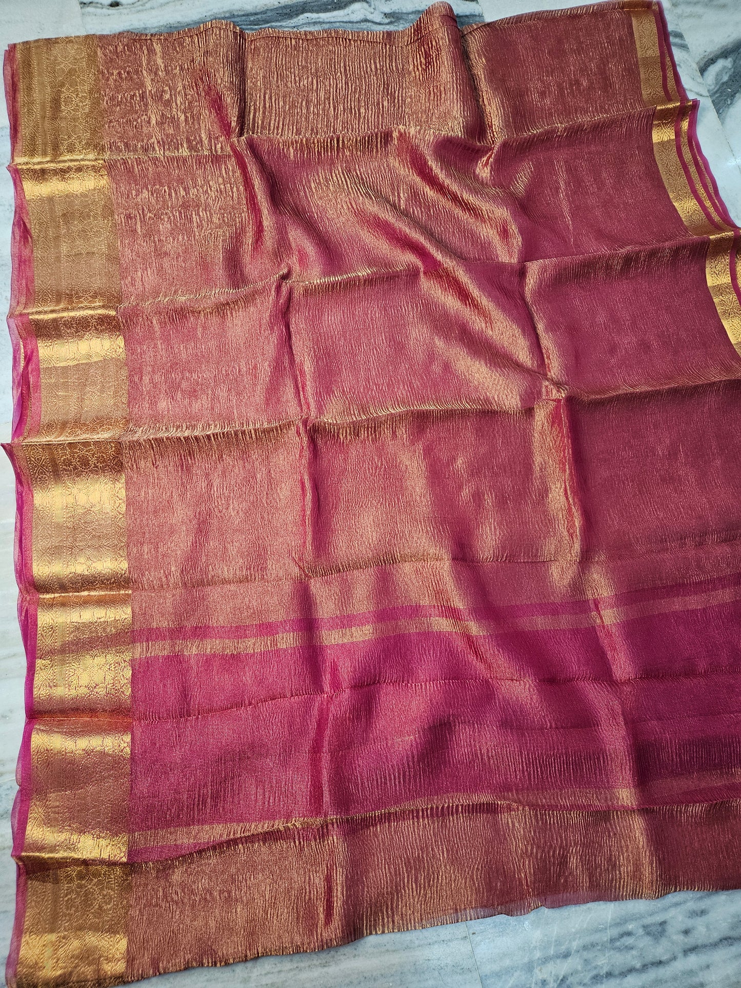 Pure Kora Tissue Crush aanchal border Banarasi Saree in Rani Pink