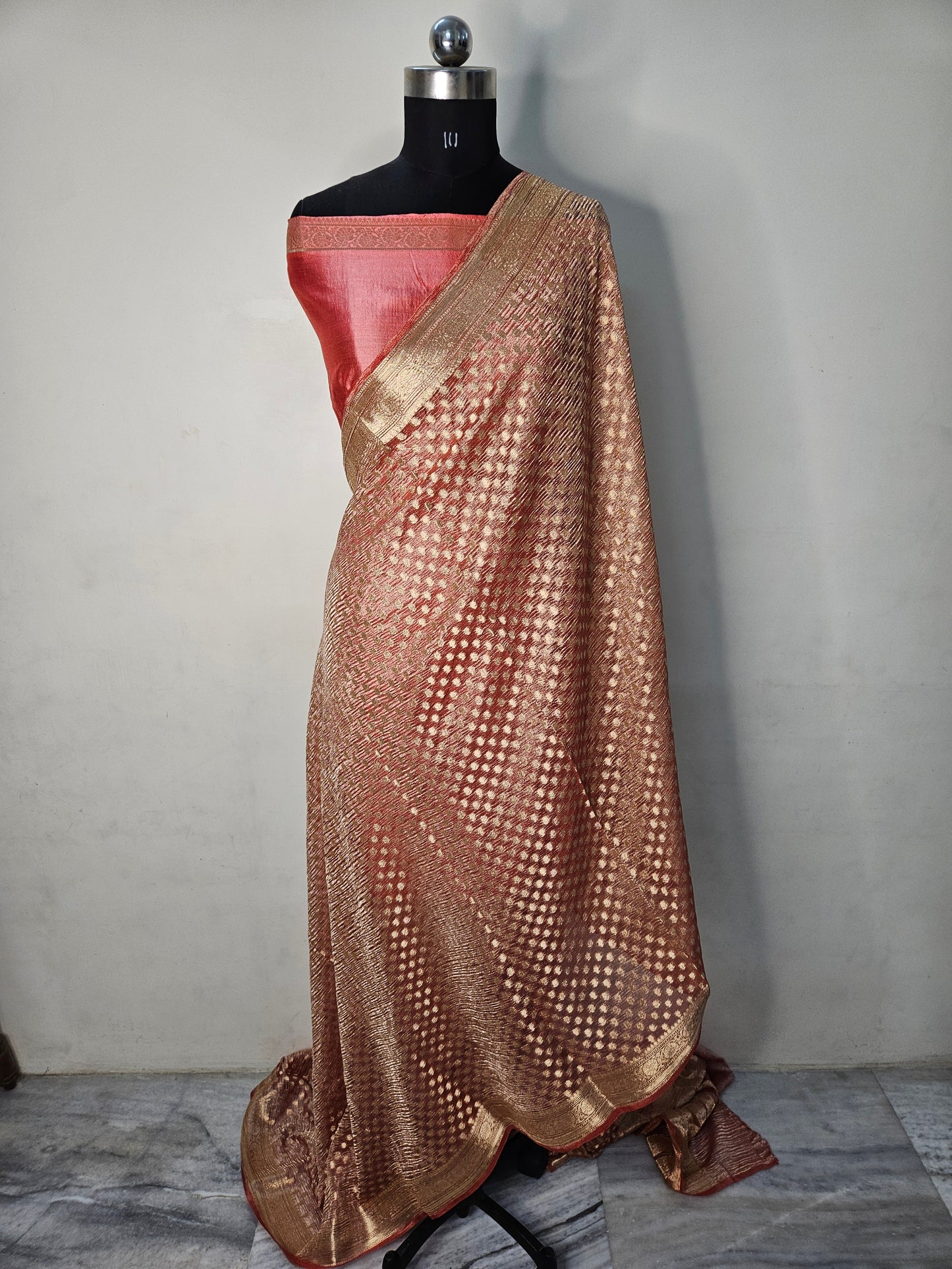 Pure Tissue Kora Banarasi Buti Saree With Silk Blouse in Dark Peach