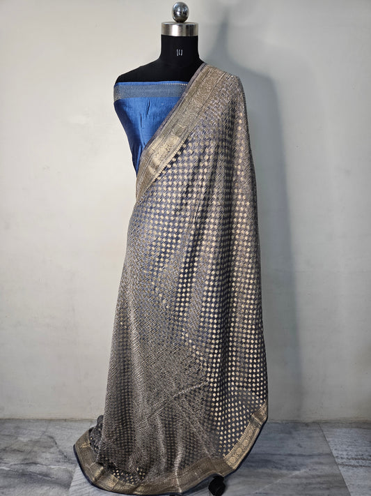 Pure Tissue Kora Banarasi Buti Saree With Silk Blouse in Dark Blue