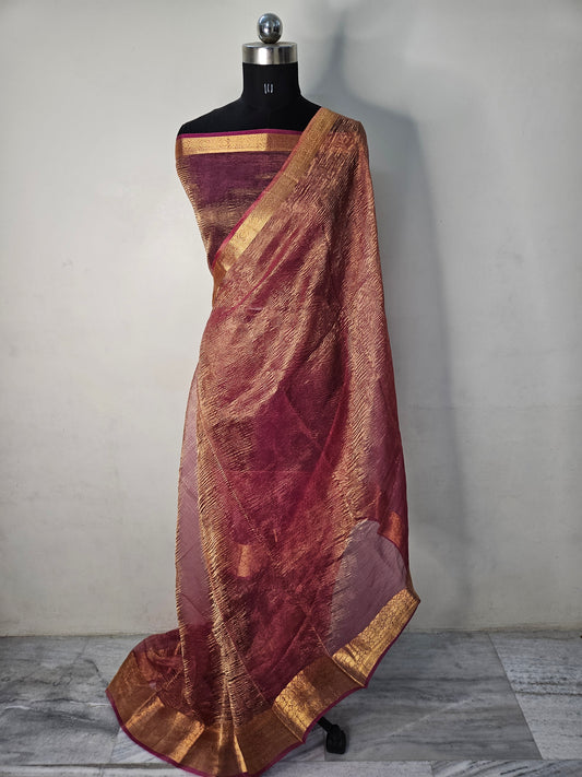 Pure Kora Tissue Crush aanchal border Banarasi Saree in Rani Pink