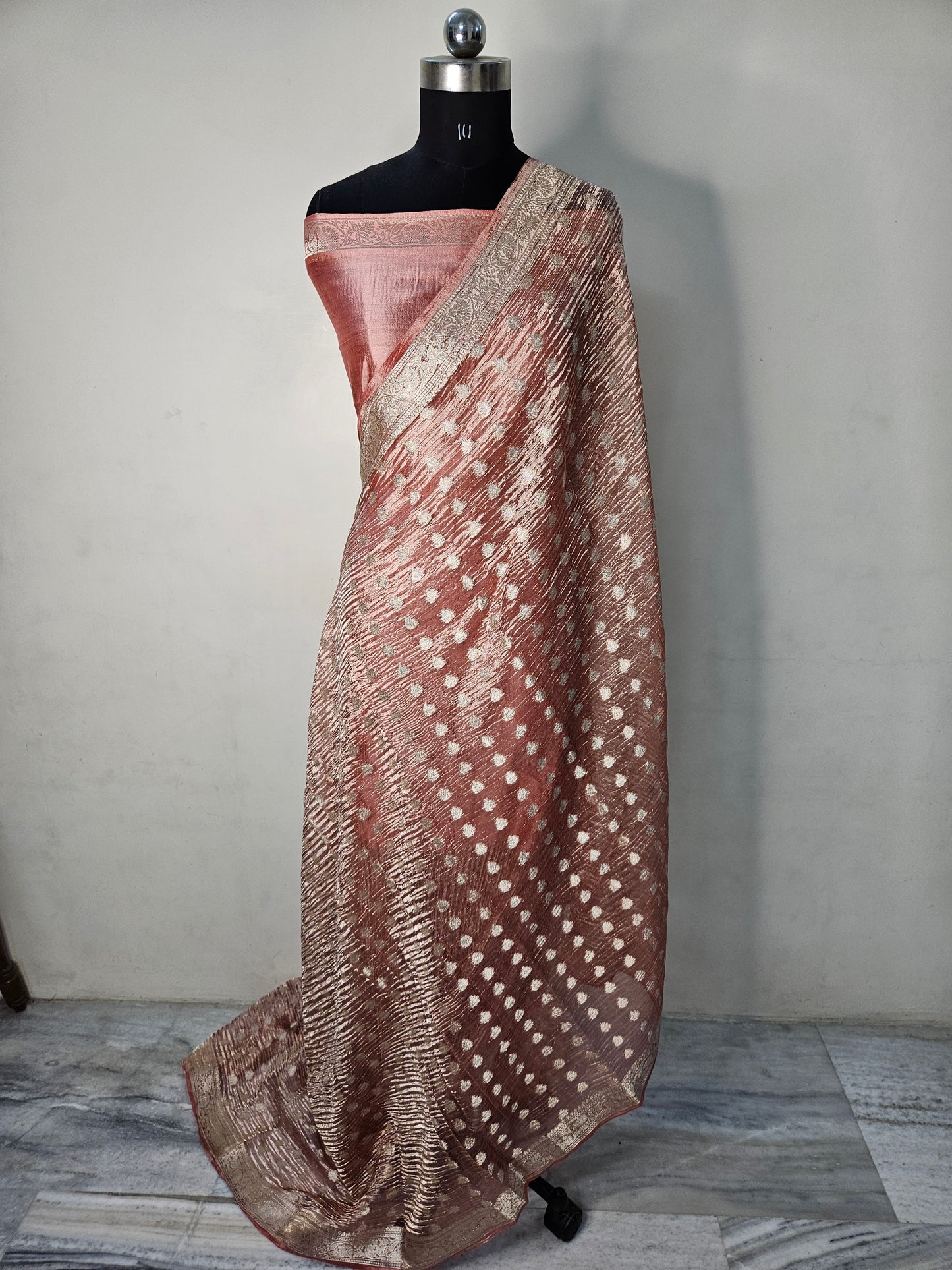 Pure Tissue Kora Banarasi Buti Saree With Silk Blouse in Peach