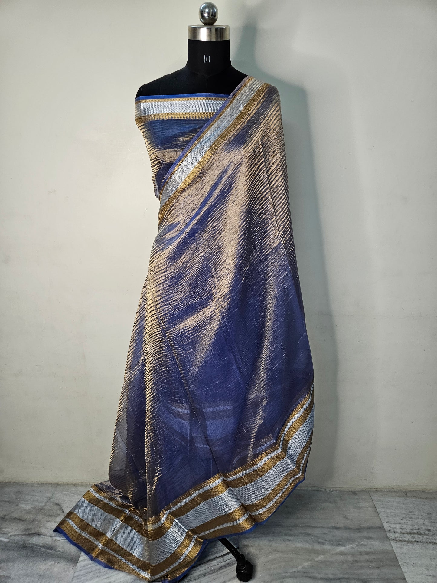 Pure Kora Tissue Crush Banarasi Saree in Royal Blue