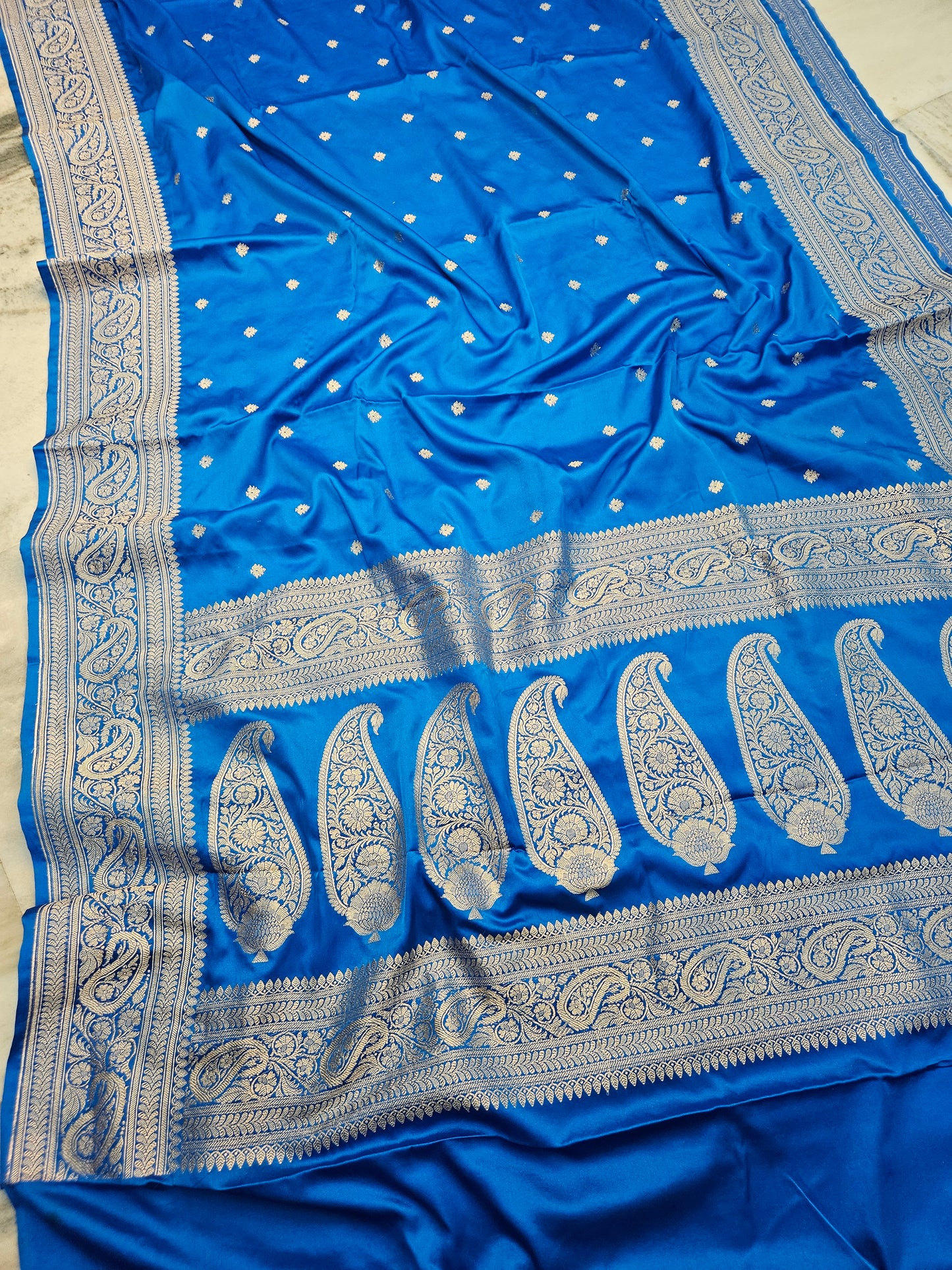 Mashru satin sky blue dot buti banarasi saree