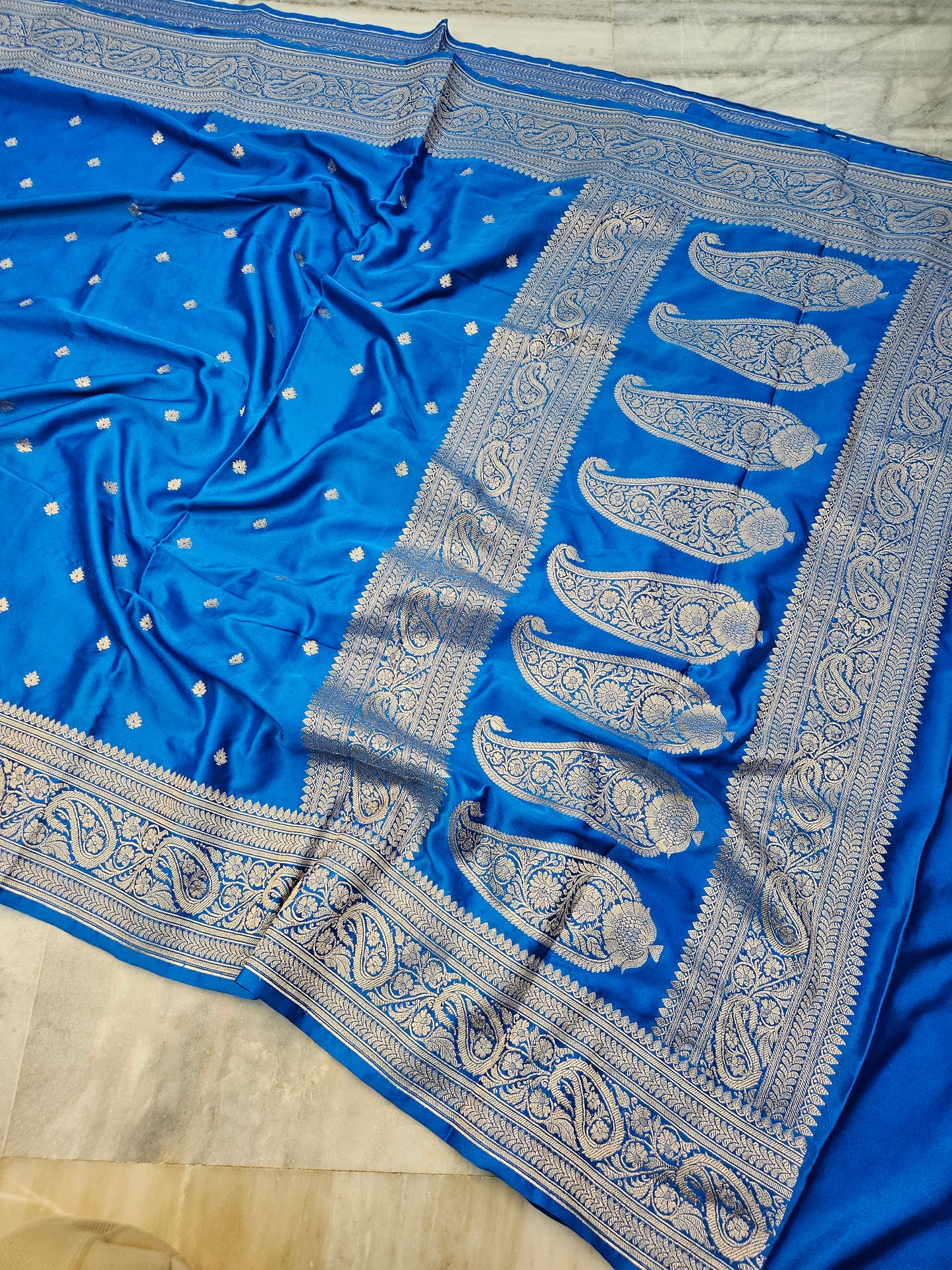 Mashru satin sky blue dot buti banarasi saree