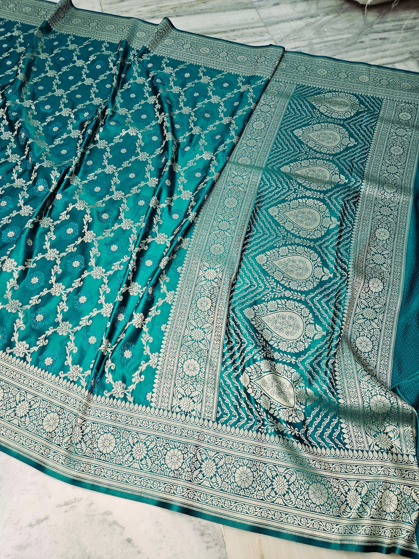Seagreen faux Mashru katans woven banarasi saree